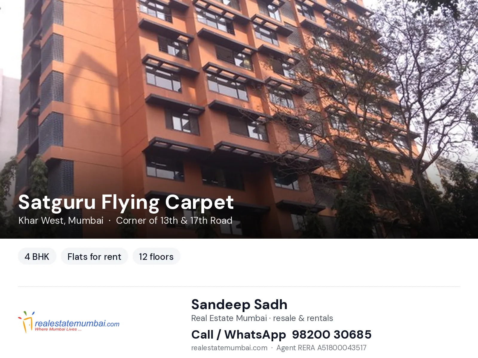 Satguru Flying Carpet, Khar West, Mumbai — 4 BHK flats for rent | Real Estate Mumbai, Sandeep Sadh 98200 30685