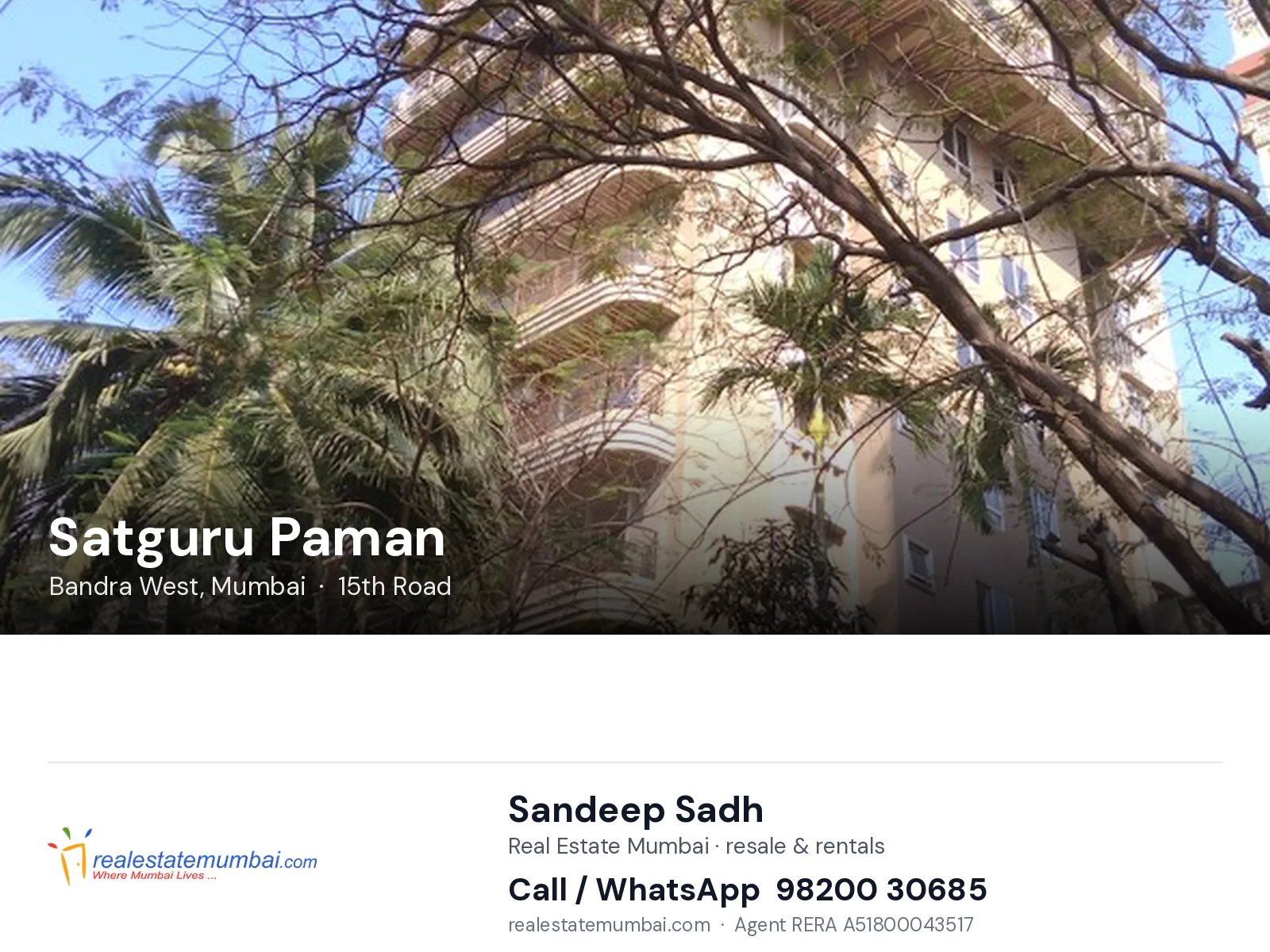 Satguru Paman, Bandra West, Mumbai — flats | Real Estate Mumbai, Sandeep Sadh 98200 30685