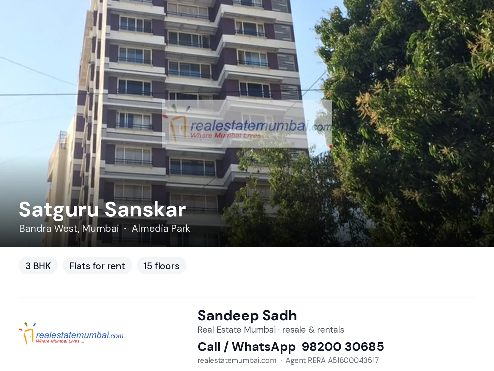 Satguru Sanskar, Bandra West, Mumbai — 3 BHK flats for rent | Real Estate Mumbai, Sandeep Sadh 98200 30685