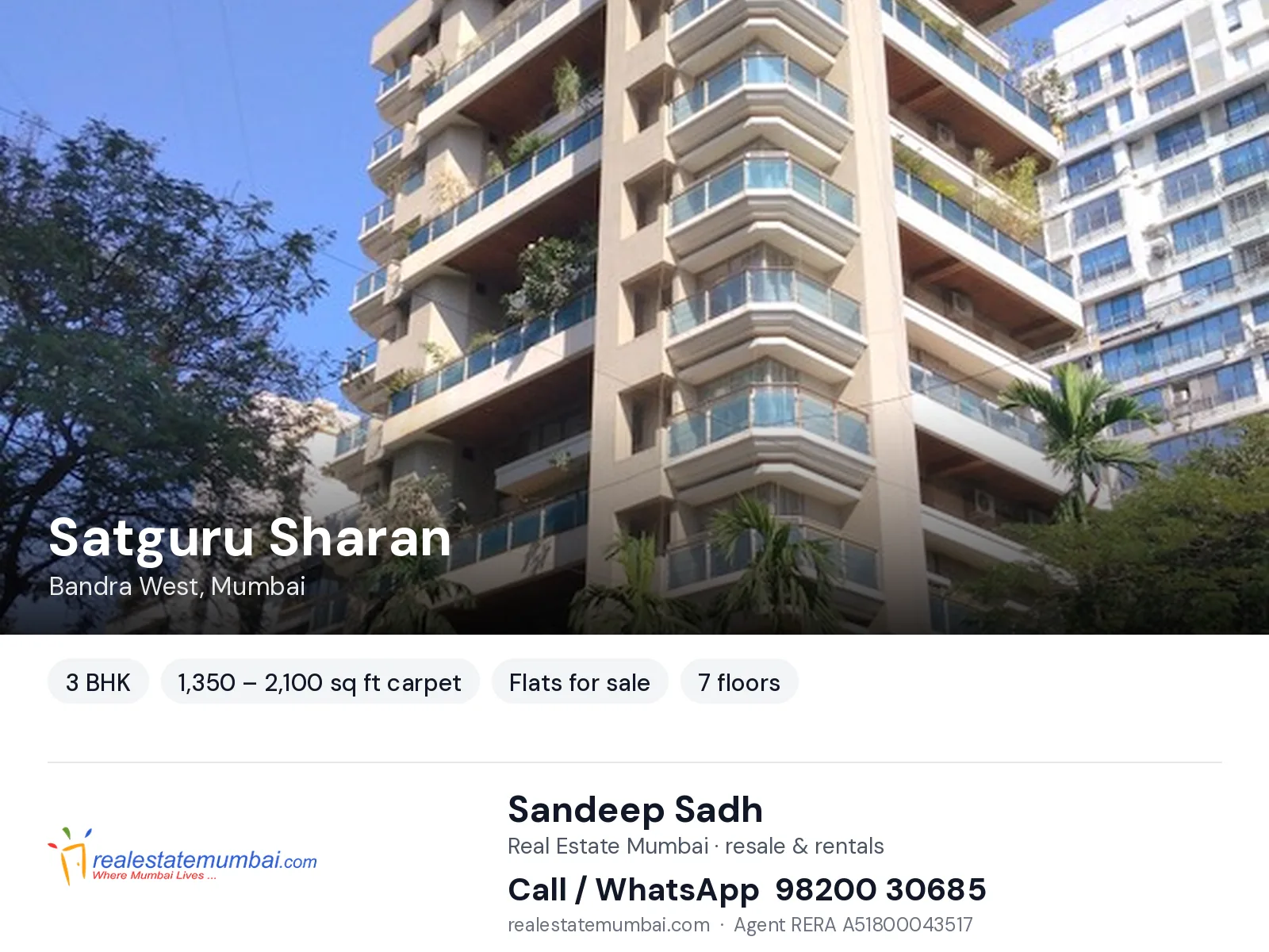 Satguru Sharan, Bandra West, Mumbai — 3 BHK flats for sale | Real Estate Mumbai, Sandeep Sadh 98200 30685