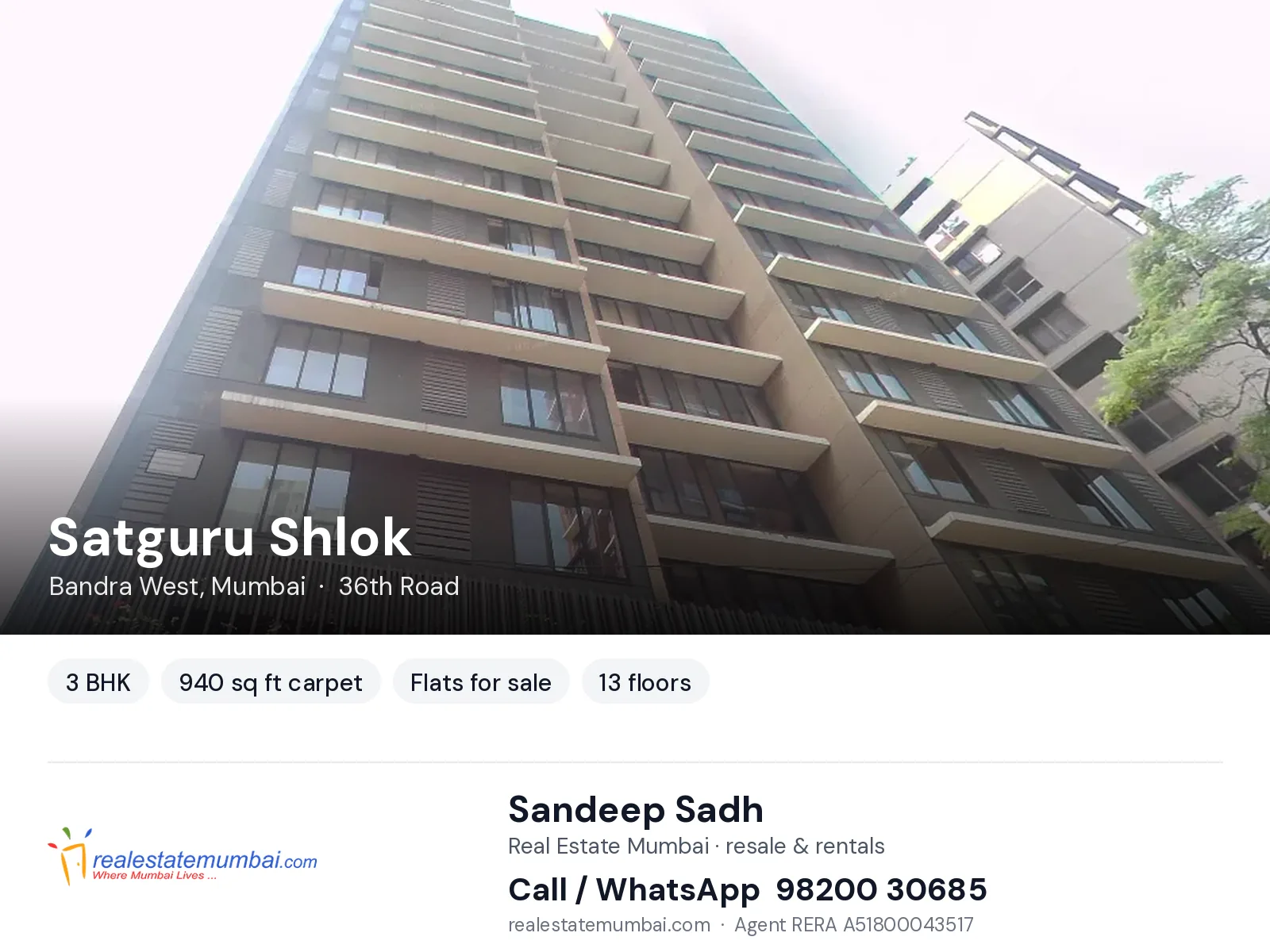 Satguru Shlok, Bandra West, Mumbai — 3 BHK flats for sale | Real Estate Mumbai, Sandeep Sadh 98200 30685