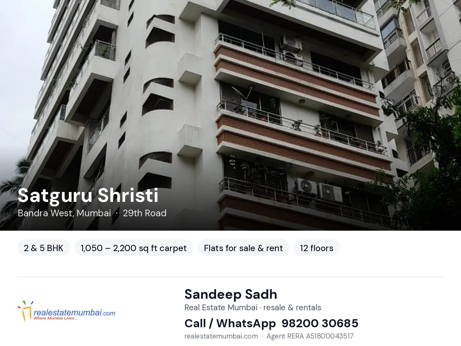 Satguru Shristi, Bandra West, Mumbai — 2 & 5 BHK flats for sale & rent | Real Estate Mumbai, Sandeep Sadh 98200 30685