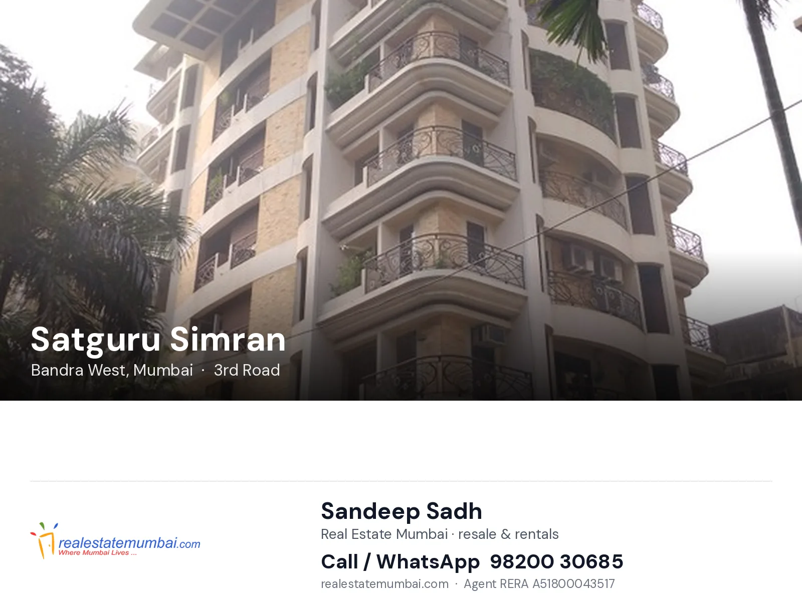 Satguru Simran, Bandra West, Mumbai — flats | Real Estate Mumbai, Sandeep Sadh 98200 30685