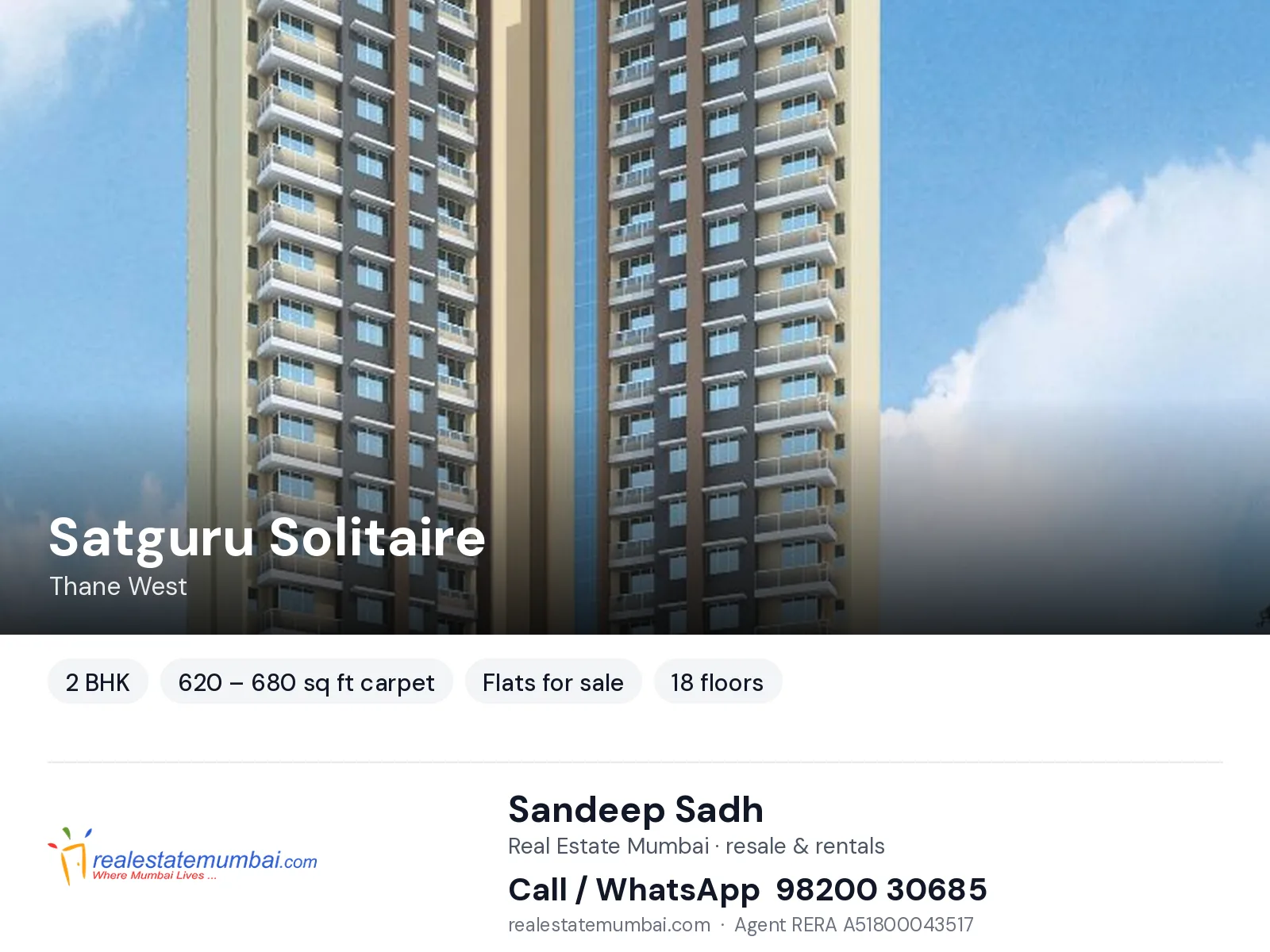 Satguru Solitaire, Thane West — 2 BHK flats for sale | Real Estate Mumbai, Sandeep Sadh 98200 30685