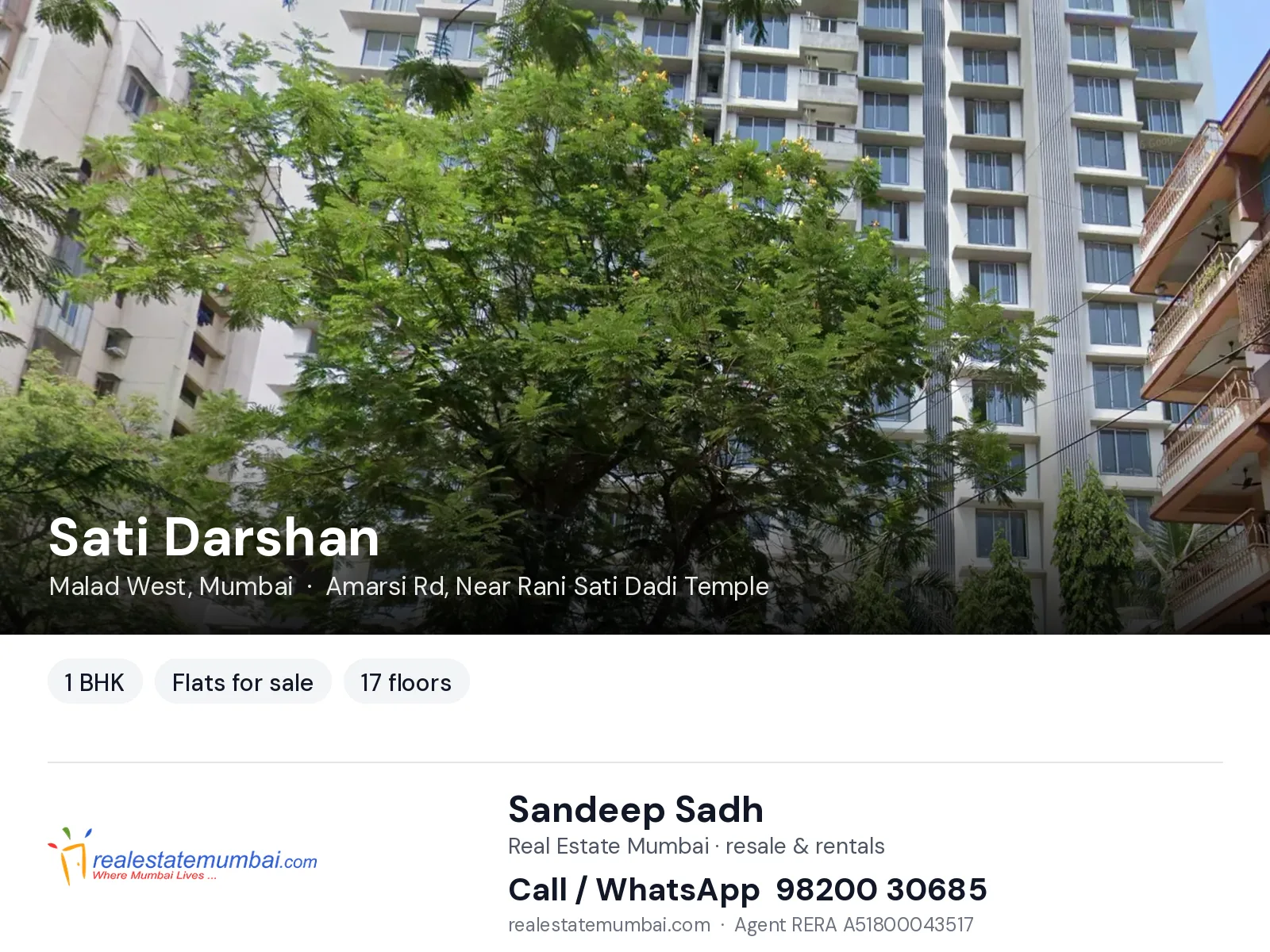 Sati Darshan, Malad West, Mumbai — 1 BHK flats for sale | Real Estate Mumbai, Sandeep Sadh 98200 30685