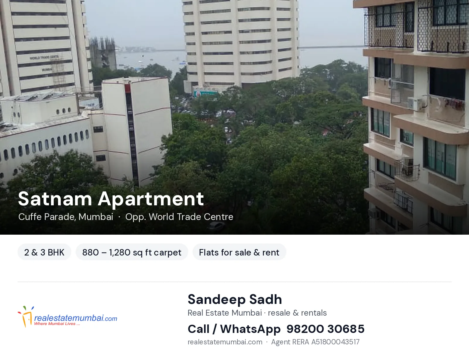 Satnam Apartment, Cuffe Parade, Mumbai — 2 & 3 BHK flats for sale & rent | Real Estate Mumbai, Sandeep Sadh 98200 30685