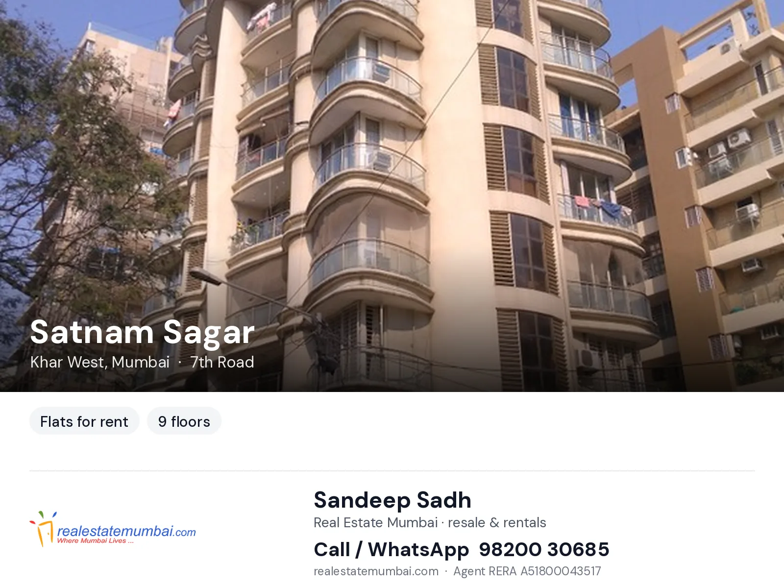 Satnam Sagar, Khar West, Mumbai — flats for rent | Real Estate Mumbai, Sandeep Sadh 98200 30685