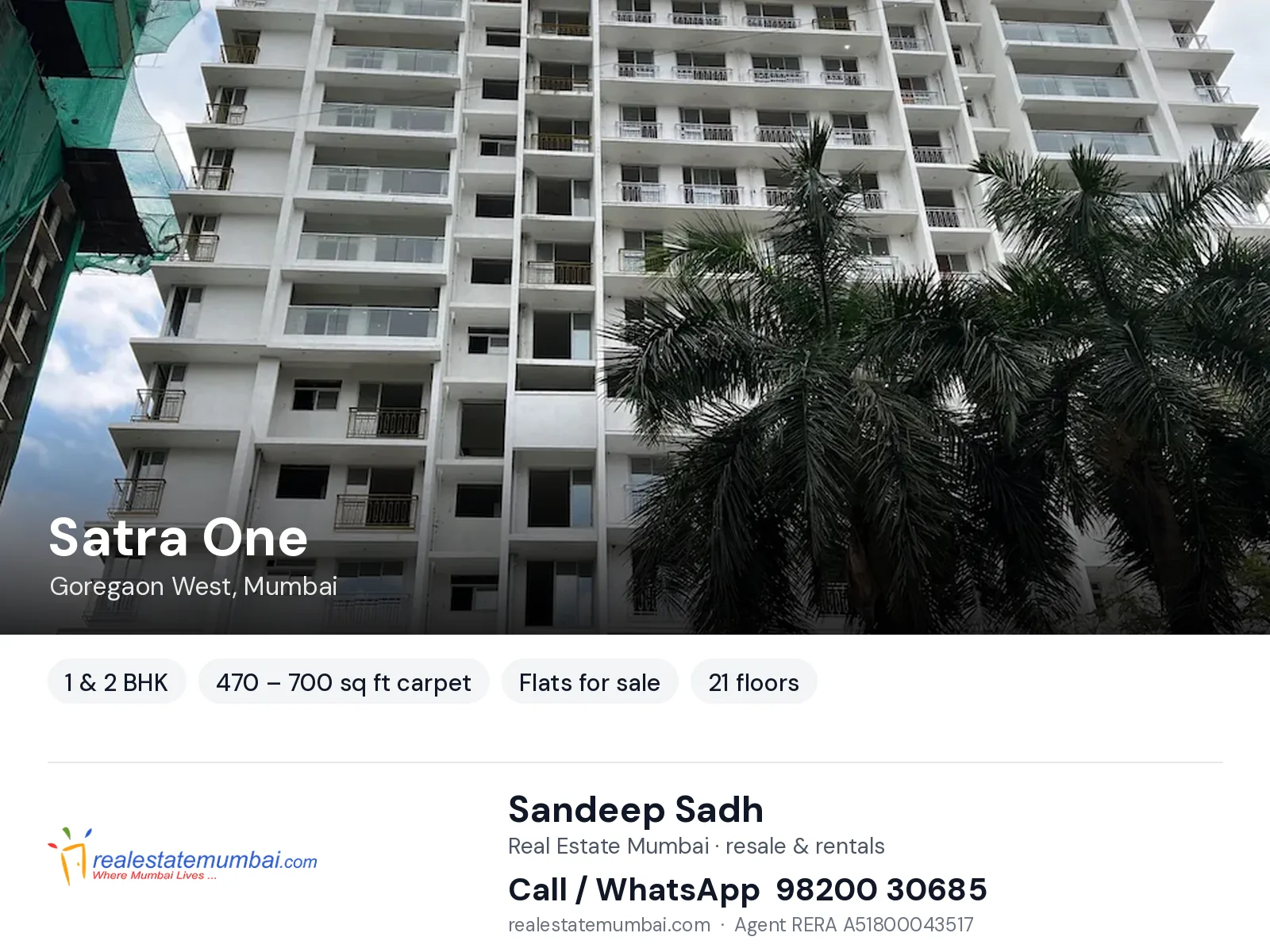 Satra One, Goregaon West, Mumbai — 1 & 2 BHK flats for sale | Real Estate Mumbai, Sandeep Sadh 98200 30685