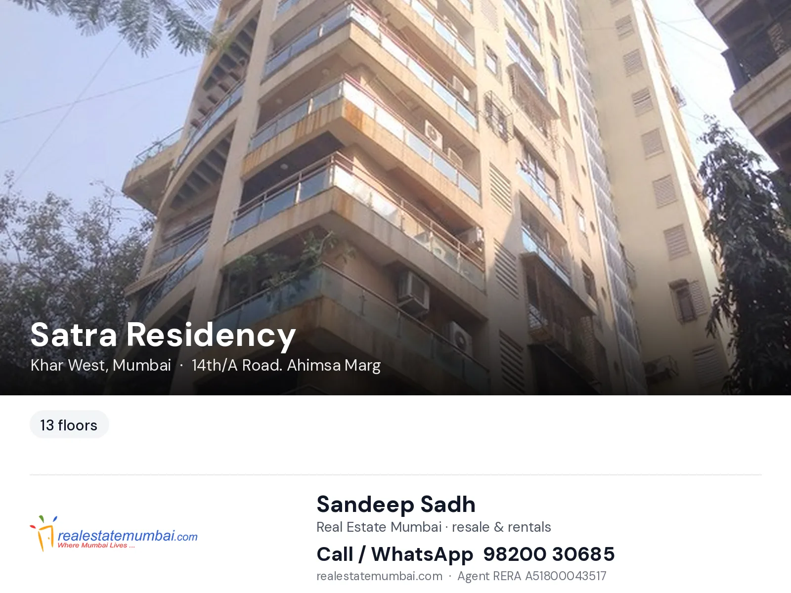 Satra Residency, Khar West, Mumbai — flats | Real Estate Mumbai, Sandeep Sadh 98200 30685