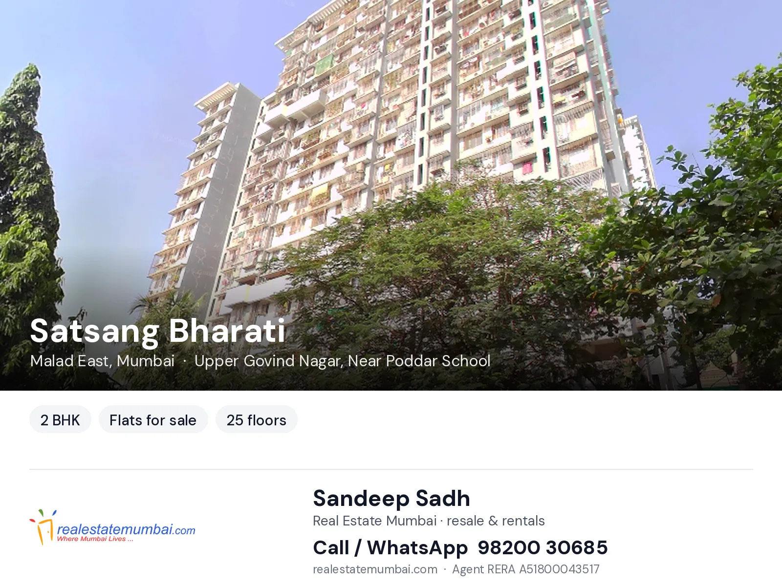 Satsang Bharati, Malad East, Mumbai — 2 BHK flats for sale | Real Estate Mumbai, Sandeep Sadh 98200 30685