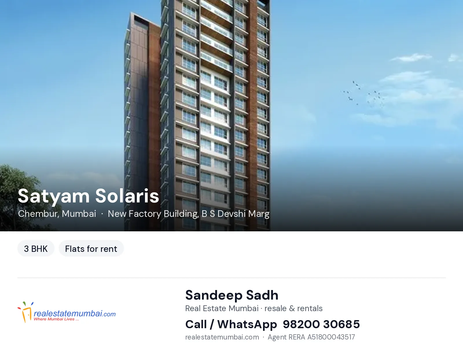 Satyam Solaris, Chembur, Mumbai — 3 BHK flats for rent | Real Estate Mumbai, Sandeep Sadh 98200 30685