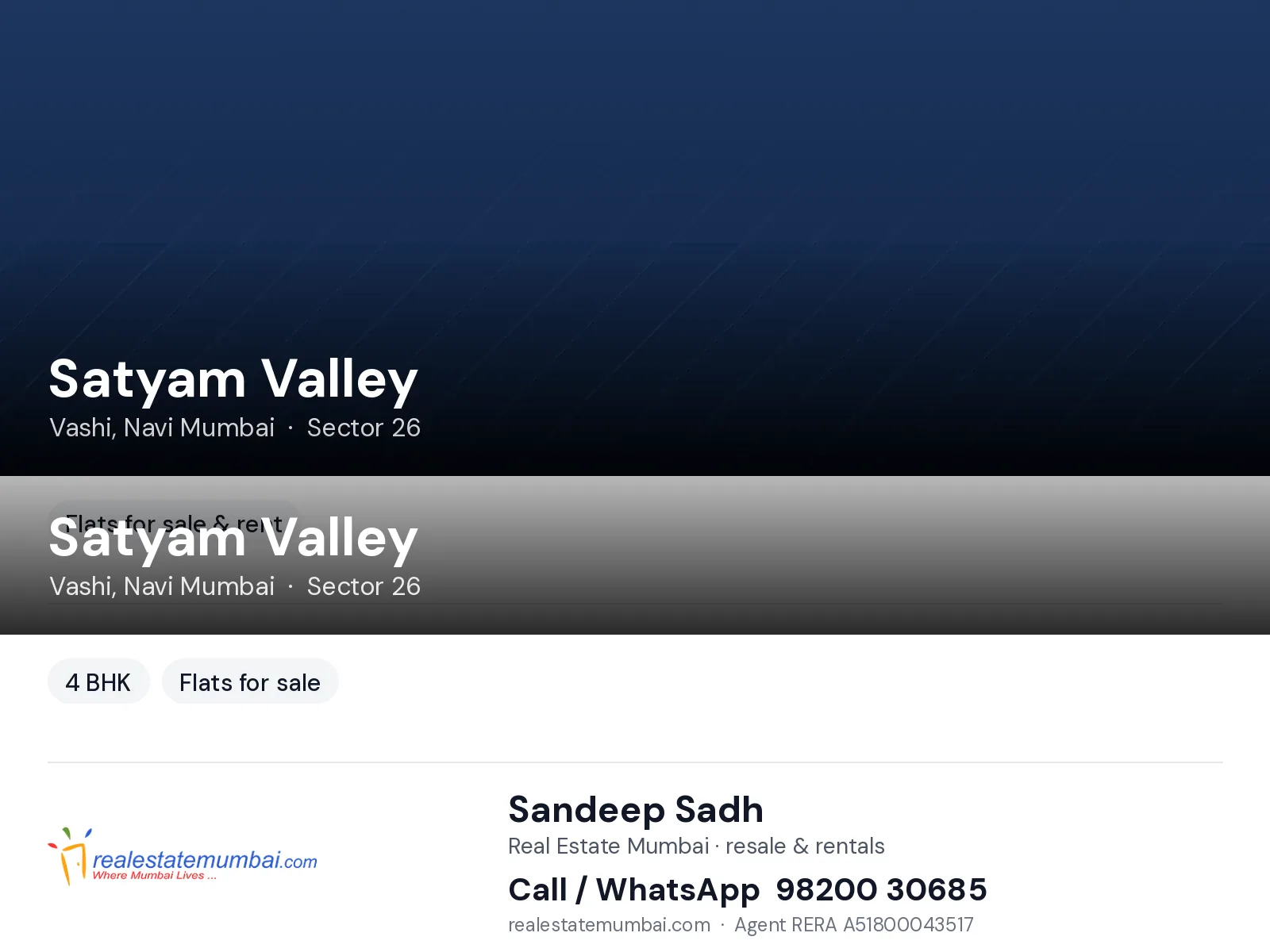Satyam Valley, Vashi, Navi Mumbai — 4 BHK flats for sale | Real Estate Mumbai, Sandeep Sadh 98200 30685