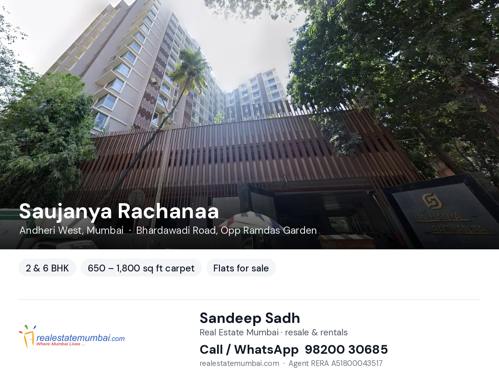 Saujanya Rachanaa, Andheri West, Mumbai — 2 & 6 BHK flats for sale | Real Estate Mumbai, Sandeep Sadh 98200 30685