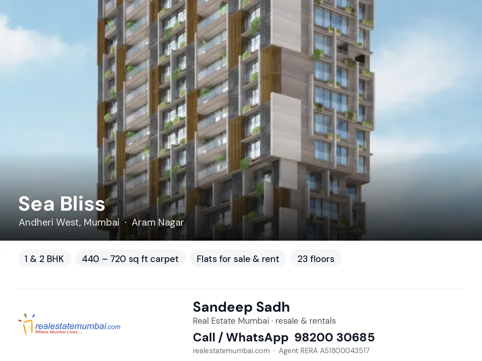 Sea Bliss, Andheri West, Mumbai — 1 & 2 BHK flats for sale & rent | Real Estate Mumbai, Sandeep Sadh 98200 30685