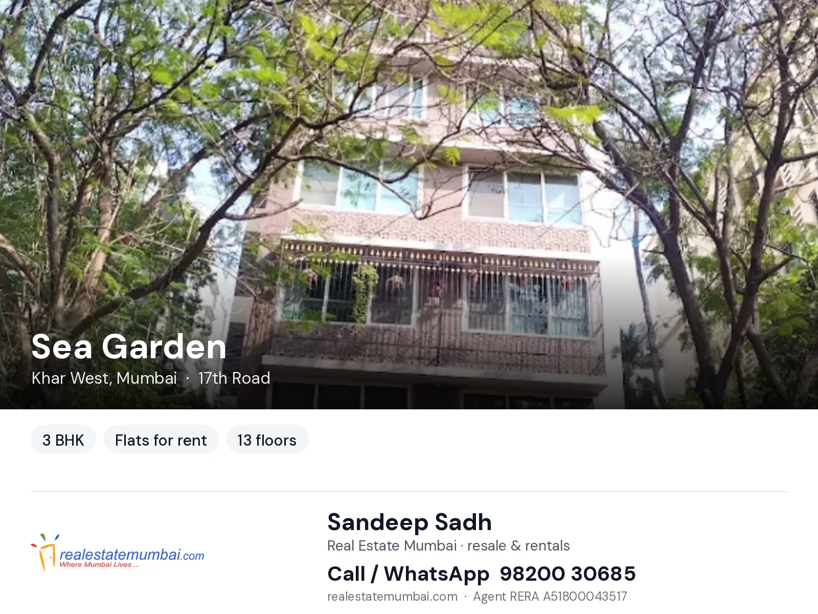 Sea Garden, Khar West, Mumbai — 3 BHK flats for rent | Real Estate Mumbai, Sandeep Sadh 98200 30685