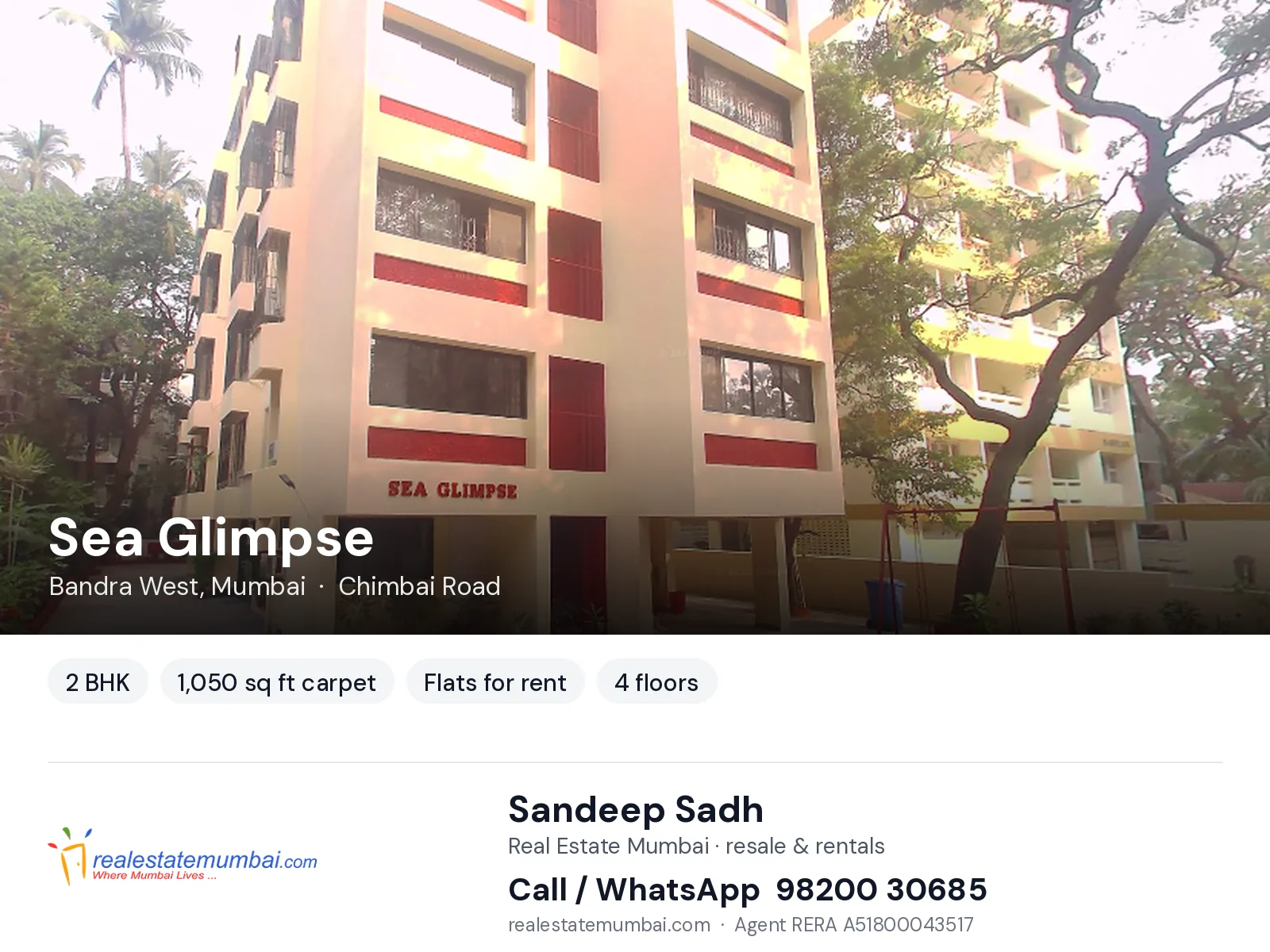 Sea Glimpse, Bandra West, Mumbai — 2 BHK flats for rent | Real Estate Mumbai, Sandeep Sadh 98200 30685