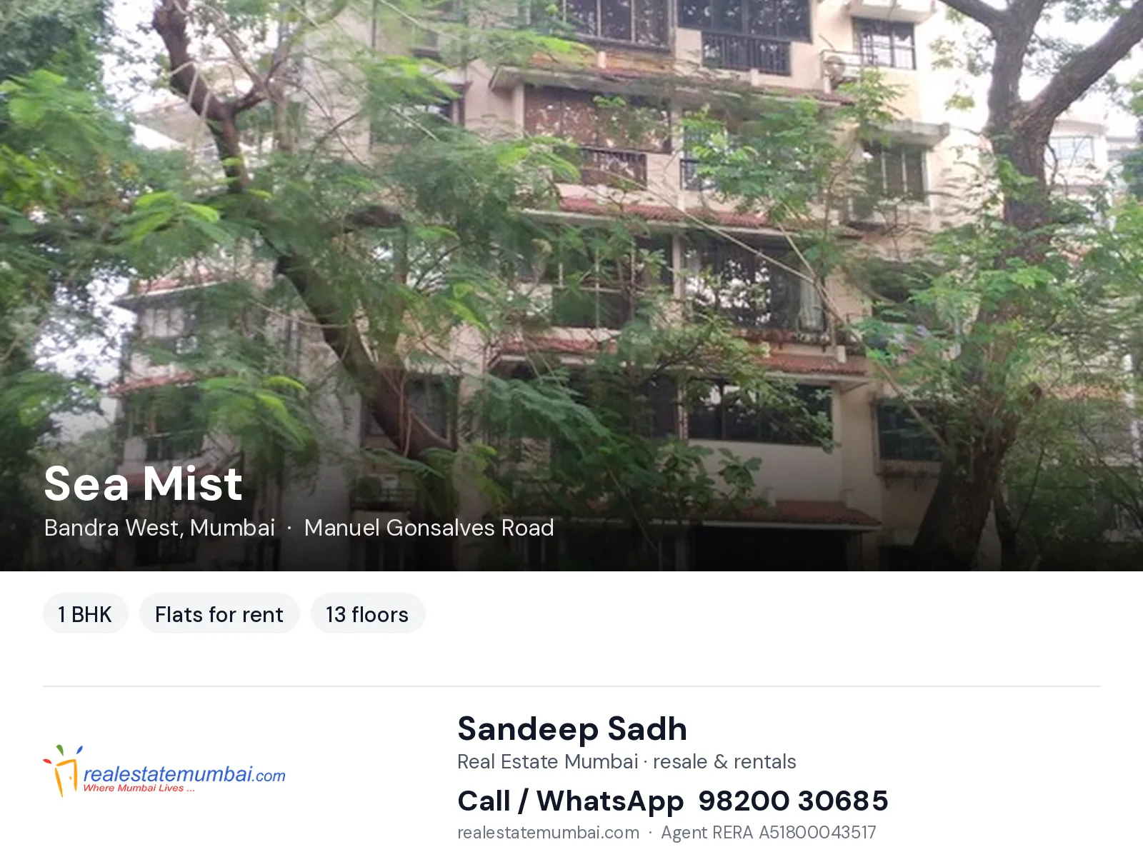 Sea Mist, Bandra West, Mumbai — 1 BHK flats for rent | Real Estate Mumbai, Sandeep Sadh 98200 30685