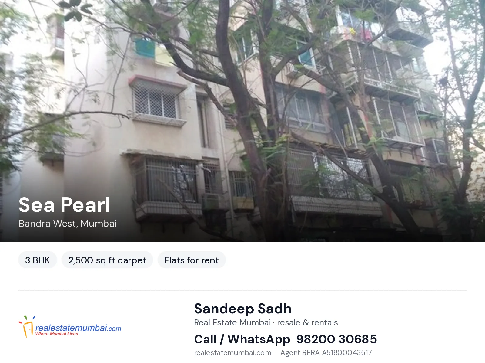 Sea Pearl, Bandra West, Mumbai — 3 BHK flats for rent | Real Estate Mumbai, Sandeep Sadh 98200 30685