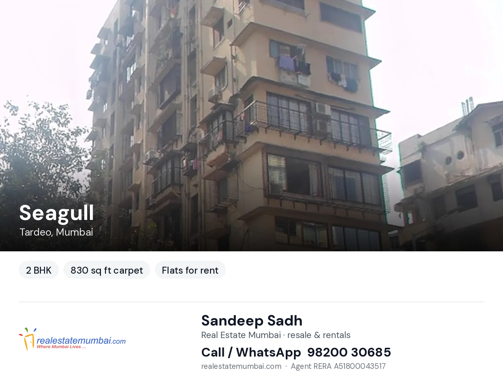 Seagull, Tardeo, Mumbai — 2 BHK flats for rent | Real Estate Mumbai, Sandeep Sadh 98200 30685