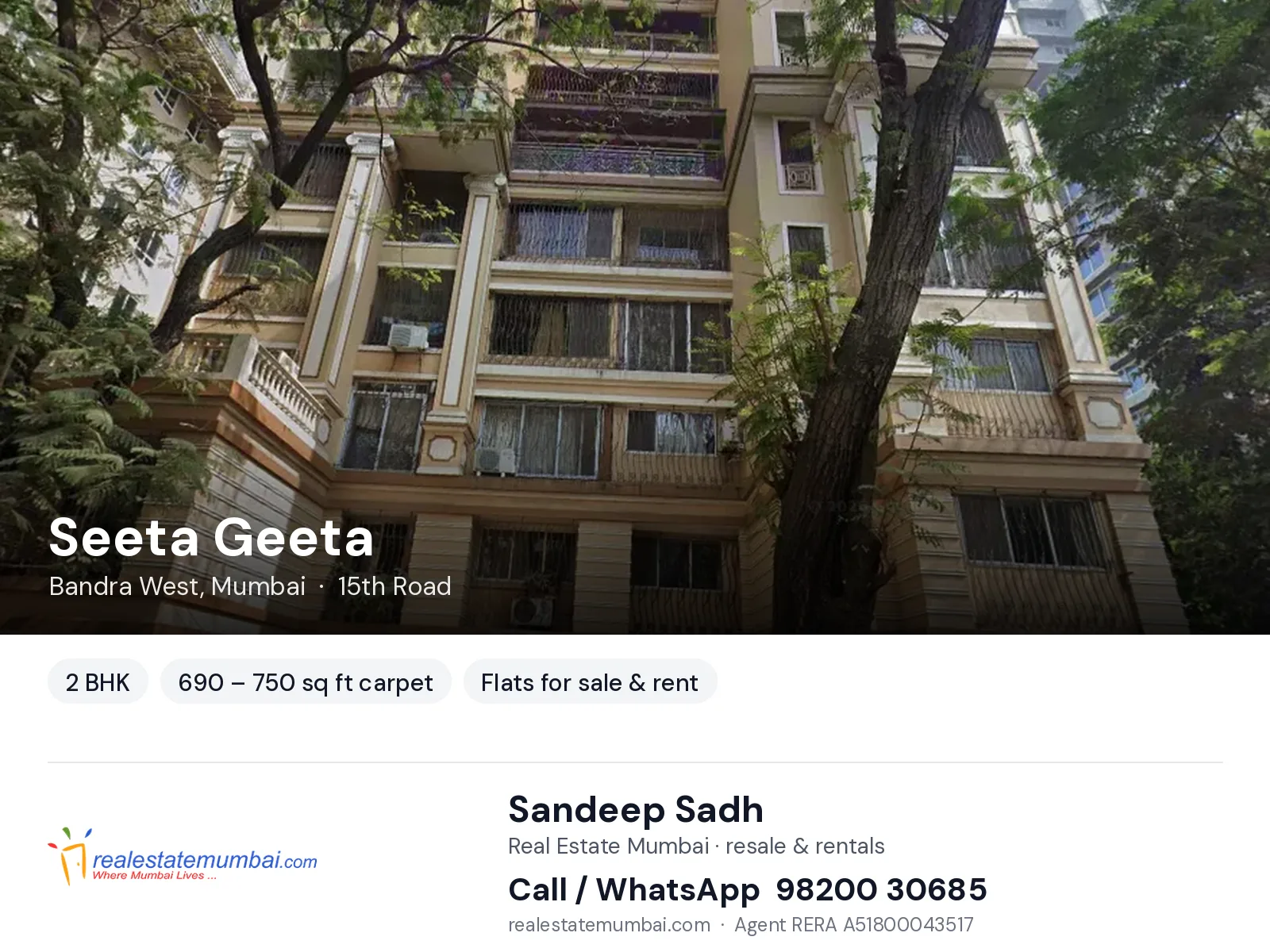Seeta Geeta, Bandra West, Mumbai — 2 BHK flats for sale & rent | Real Estate Mumbai, Sandeep Sadh 98200 30685
