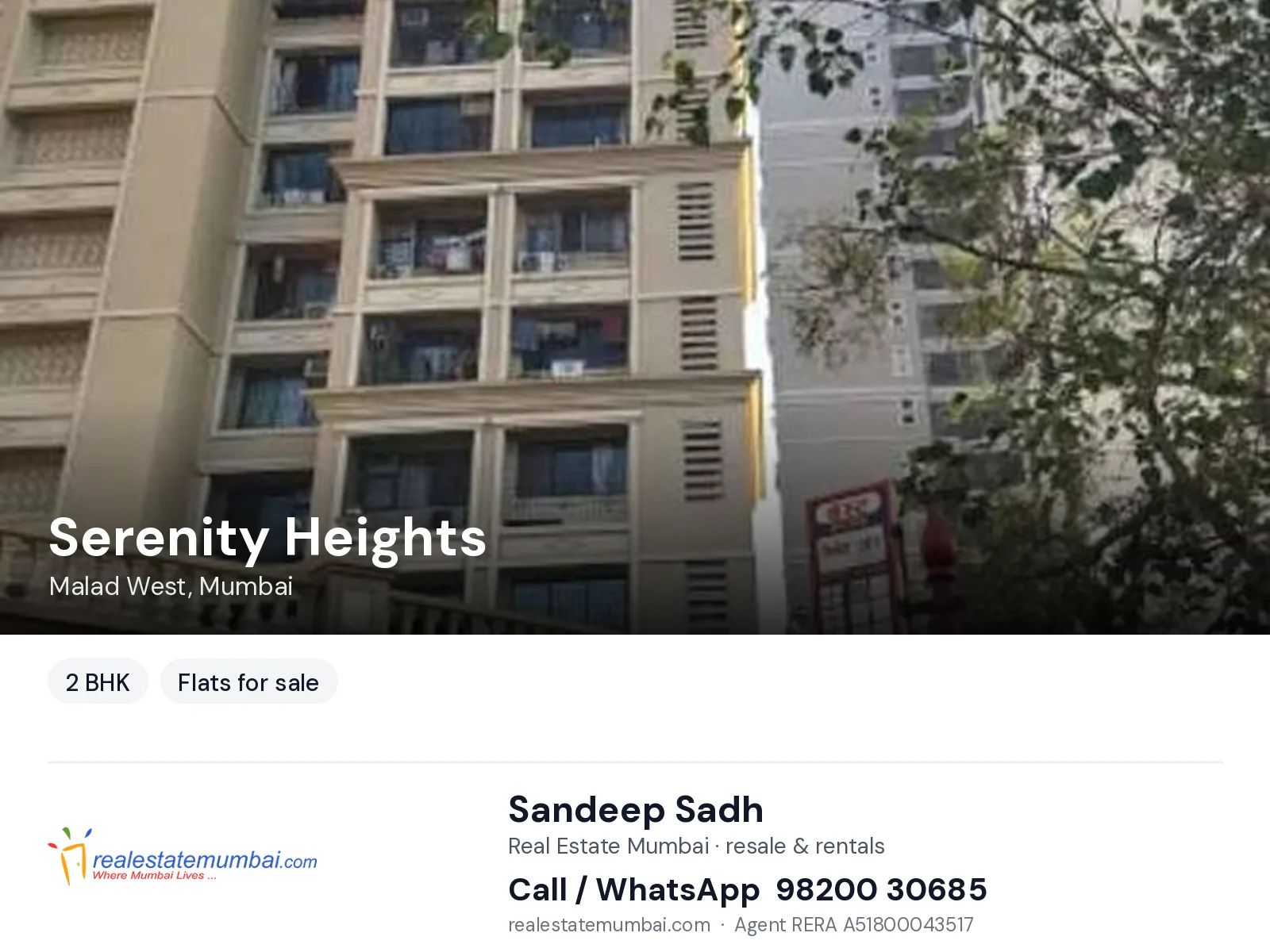 Serenity Heights, Malad West, Mumbai — 2 BHK flats for sale | Real Estate Mumbai, Sandeep Sadh 98200 30685