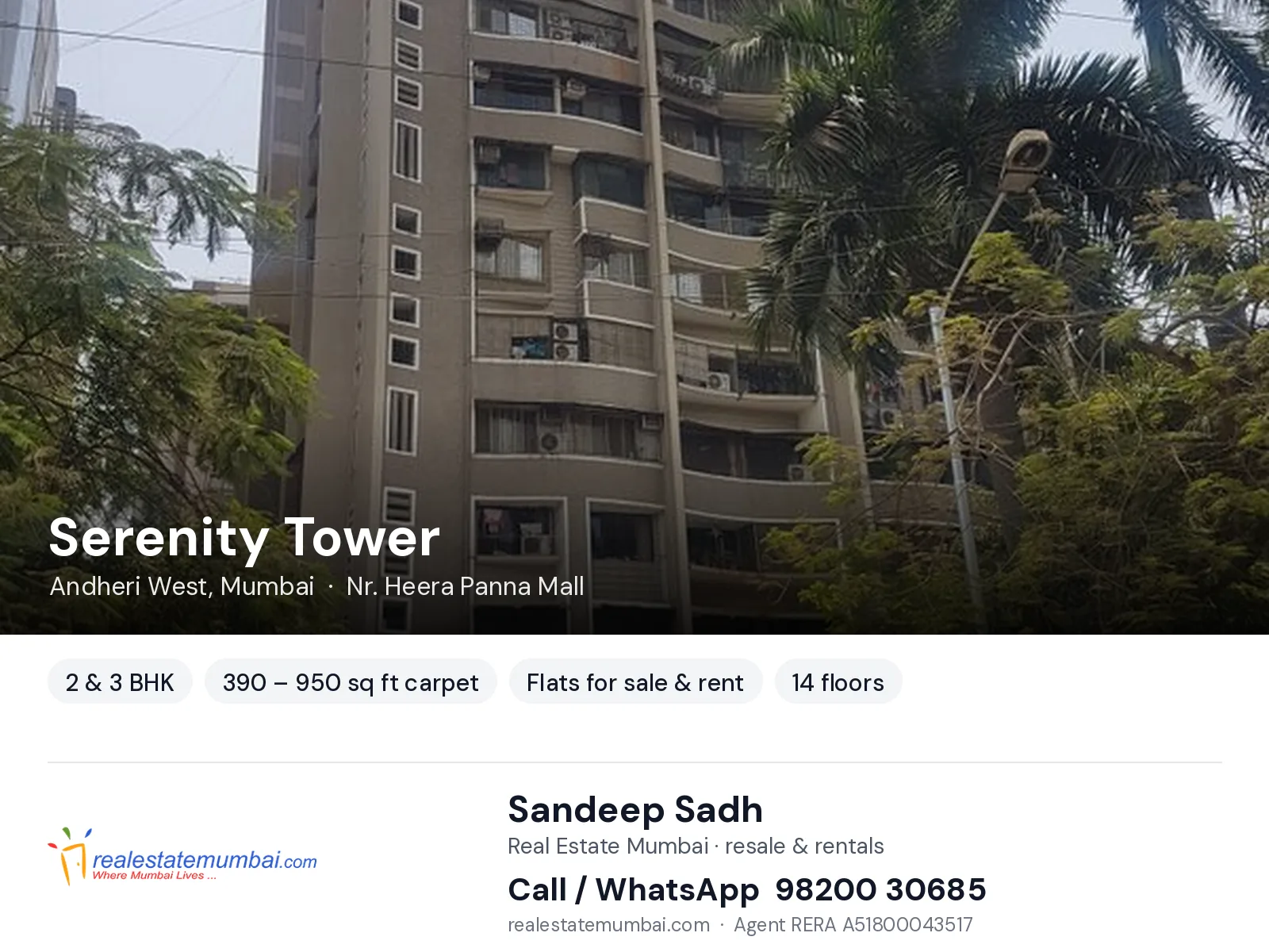 Serenity Tower, Andheri West, Mumbai — 2 & 3 BHK flats for sale & rent | Real Estate Mumbai, Sandeep Sadh 98200 30685