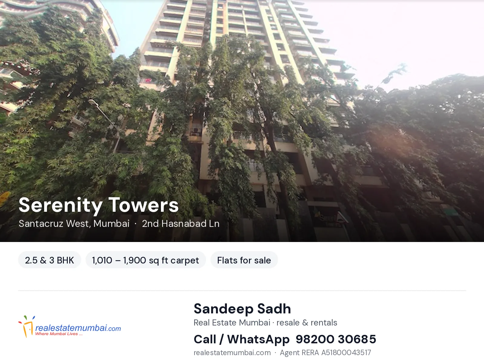 Serenity Towers, Santacruz West, Mumbai — 2.5 & 3 BHK flats for sale | Real Estate Mumbai, Sandeep Sadh 98200 30685