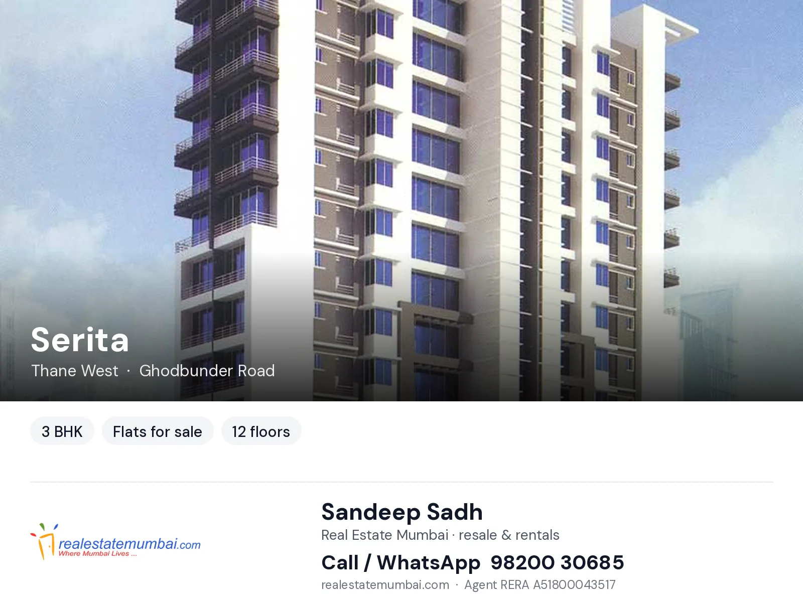 Serita, Thane West — 3 BHK flats for sale | Real Estate Mumbai, Sandeep Sadh 98200 30685