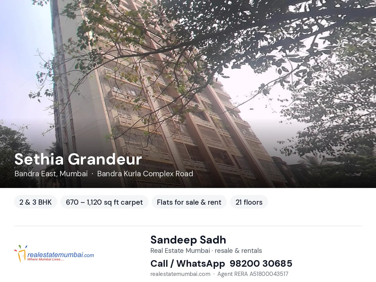 Sethia Grandeur, Bandra East, Mumbai — 2 & 3 BHK flats for sale & rent | Real Estate Mumbai, Sandeep Sadh 98200 30685