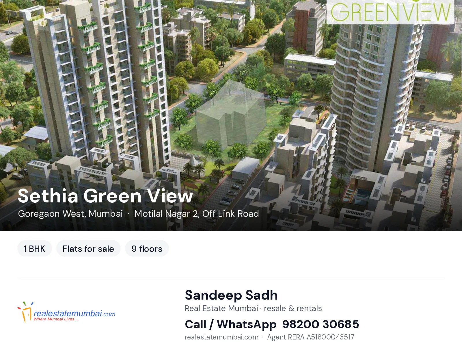 Sethia Green View, Goregaon West, Mumbai — 1 BHK flats for sale | Real Estate Mumbai, Sandeep Sadh 98200 30685