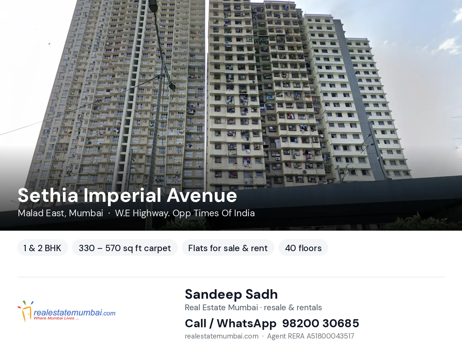 Sethia Imperial Avenue, Malad East, Mumbai — 1 & 2 BHK flats for sale & rent | Real Estate Mumbai, Sandeep Sadh 98200 30685