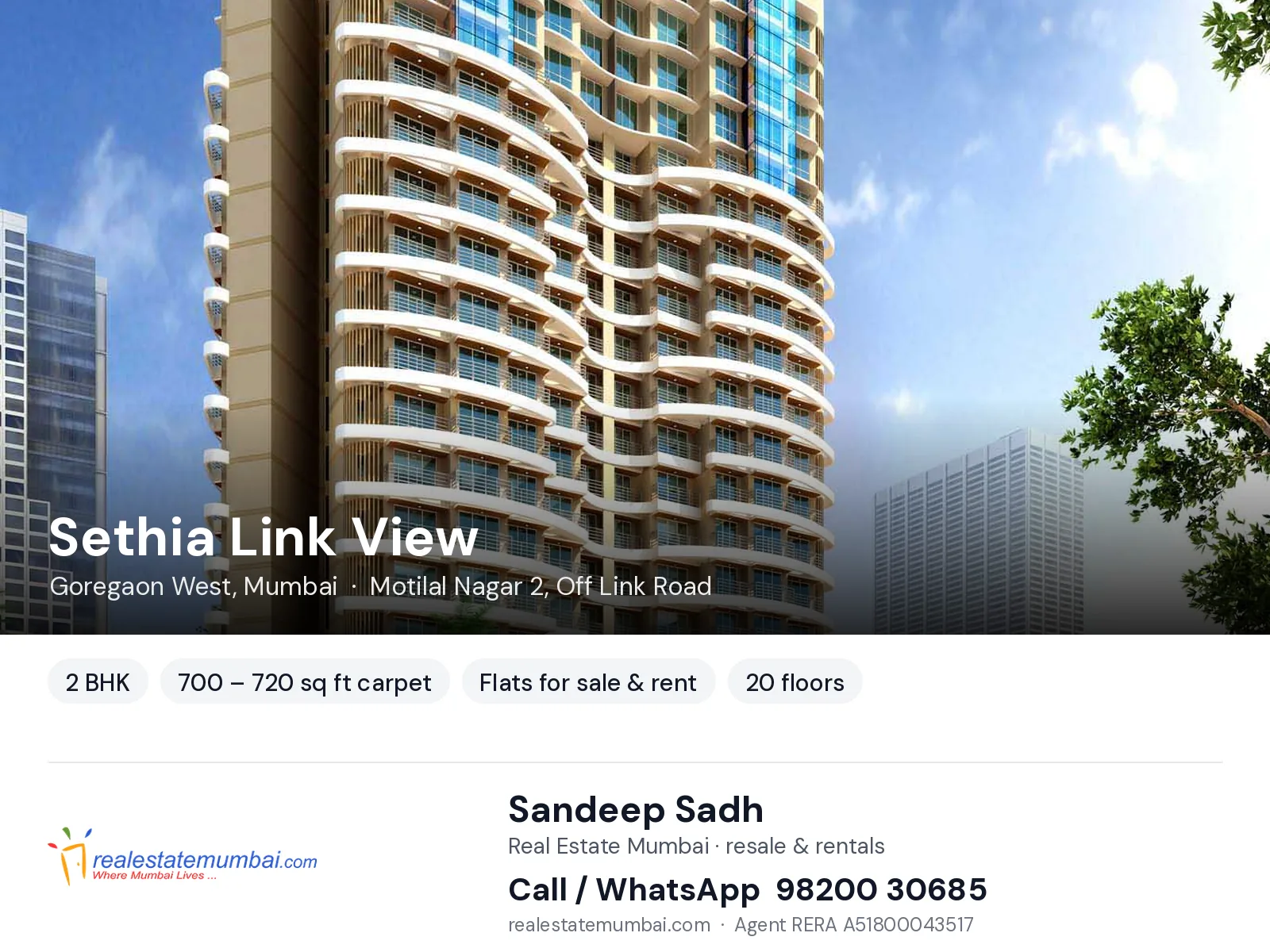 Sethia Link View, Goregaon West, Mumbai — 2 BHK flats for sale & rent | Real Estate Mumbai, Sandeep Sadh 98200 30685