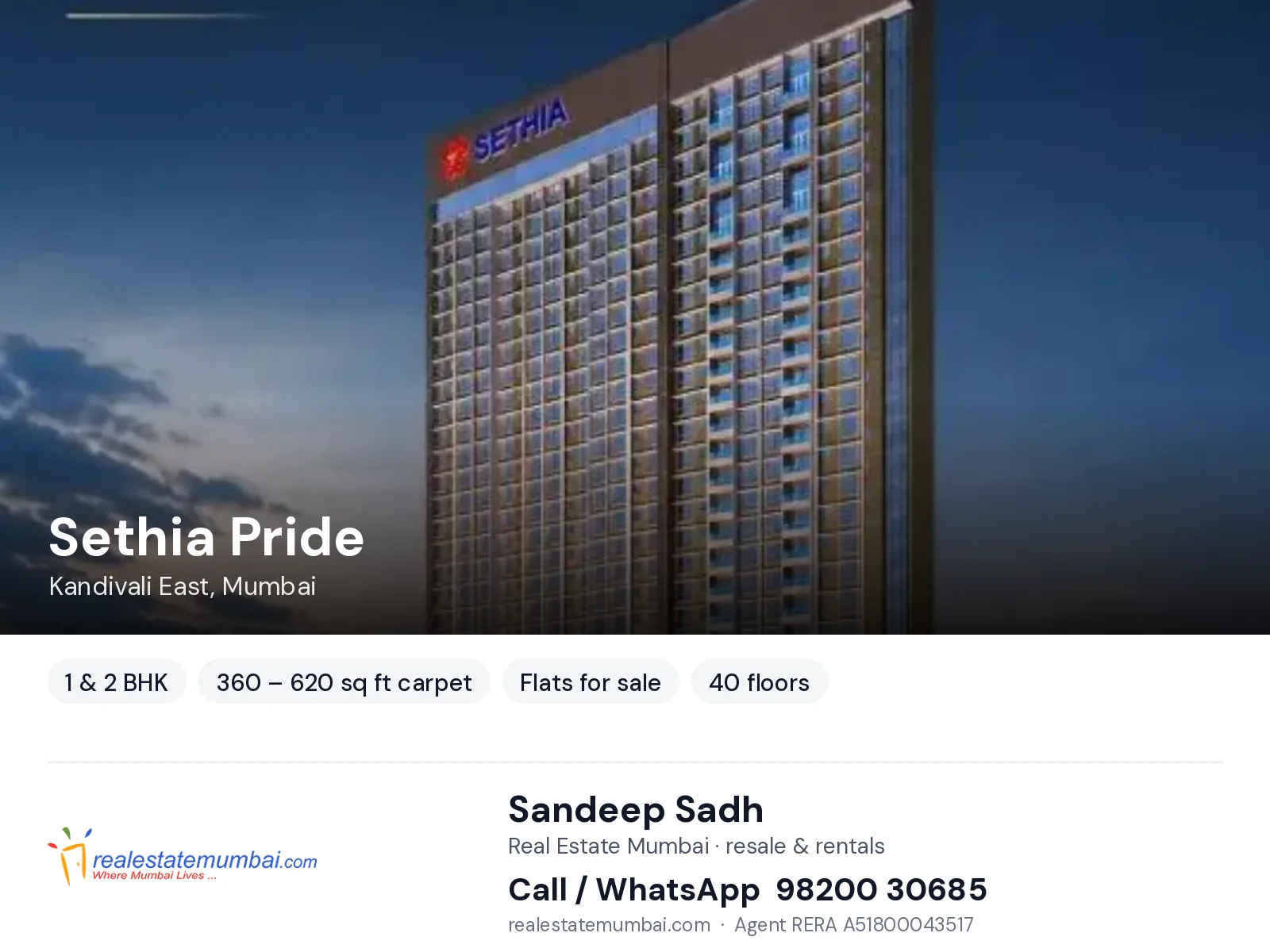 Sethia Pride, Kandivali East, Mumbai — 1 & 2 BHK flats for sale | Real Estate Mumbai, Sandeep Sadh 98200 30685