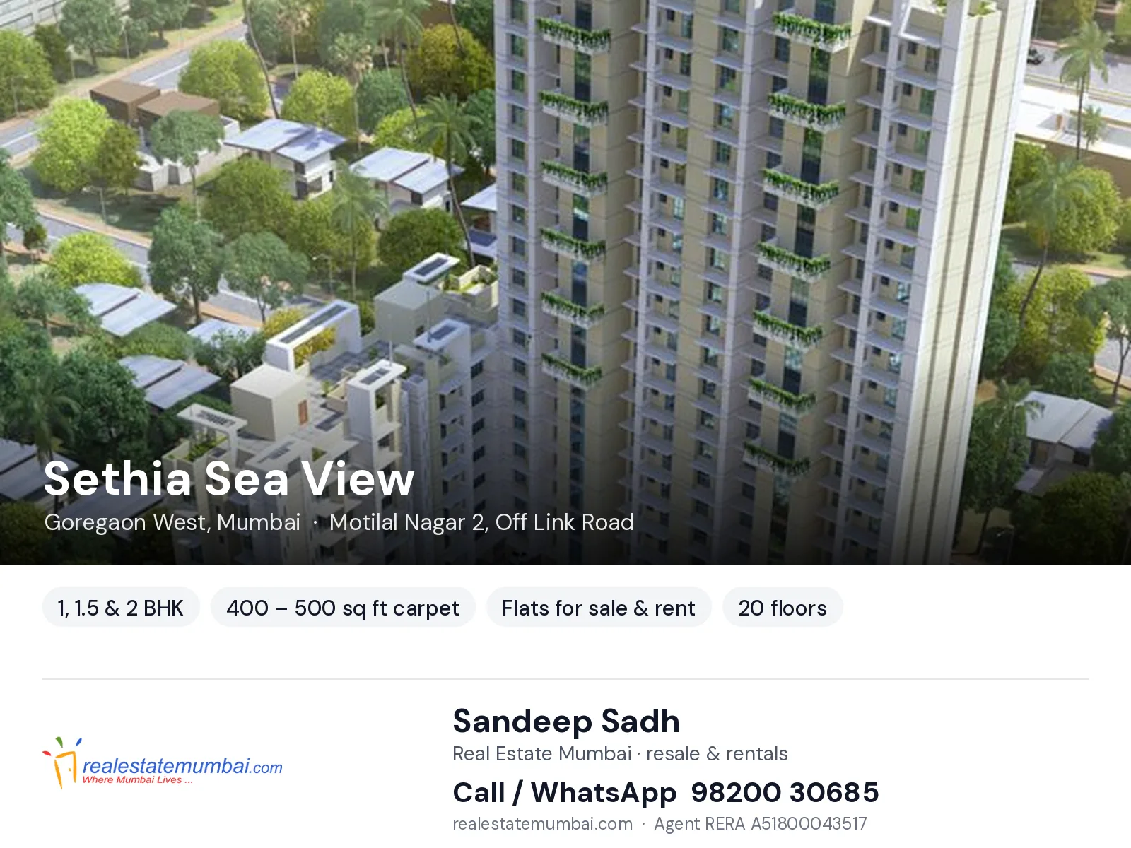 Sethia Sea View, Goregaon West, Mumbai — 1, 1.5 & 2 BHK flats for sale & rent | Real Estate Mumbai, Sandeep Sadh 98200 30685