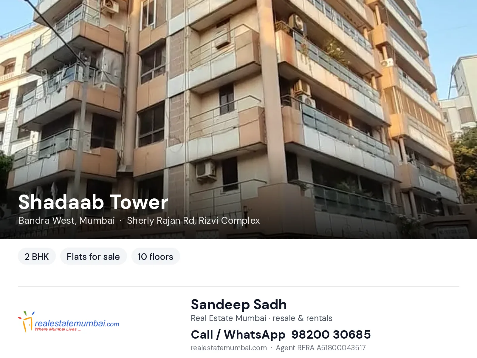 Shadaab Tower, Bandra West, Mumbai — 2 BHK flats for sale | Real Estate Mumbai, Sandeep Sadh 98200 30685