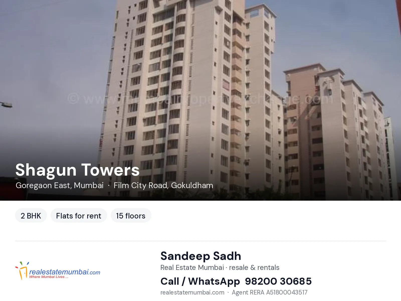 Shagun Towers, Goregaon East, Mumbai — 2 BHK flats for rent | Real Estate Mumbai, Sandeep Sadh 98200 30685