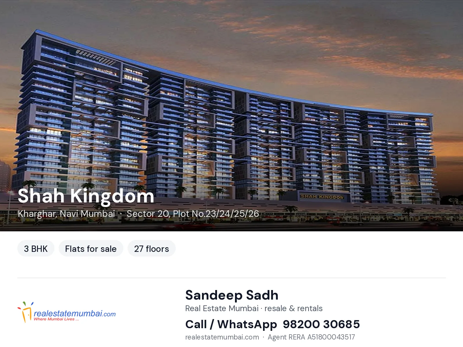 Shah Kingdom, Kharghar, Navi Mumbai — 3 BHK flats for sale | Real Estate Mumbai, Sandeep Sadh 98200 30685