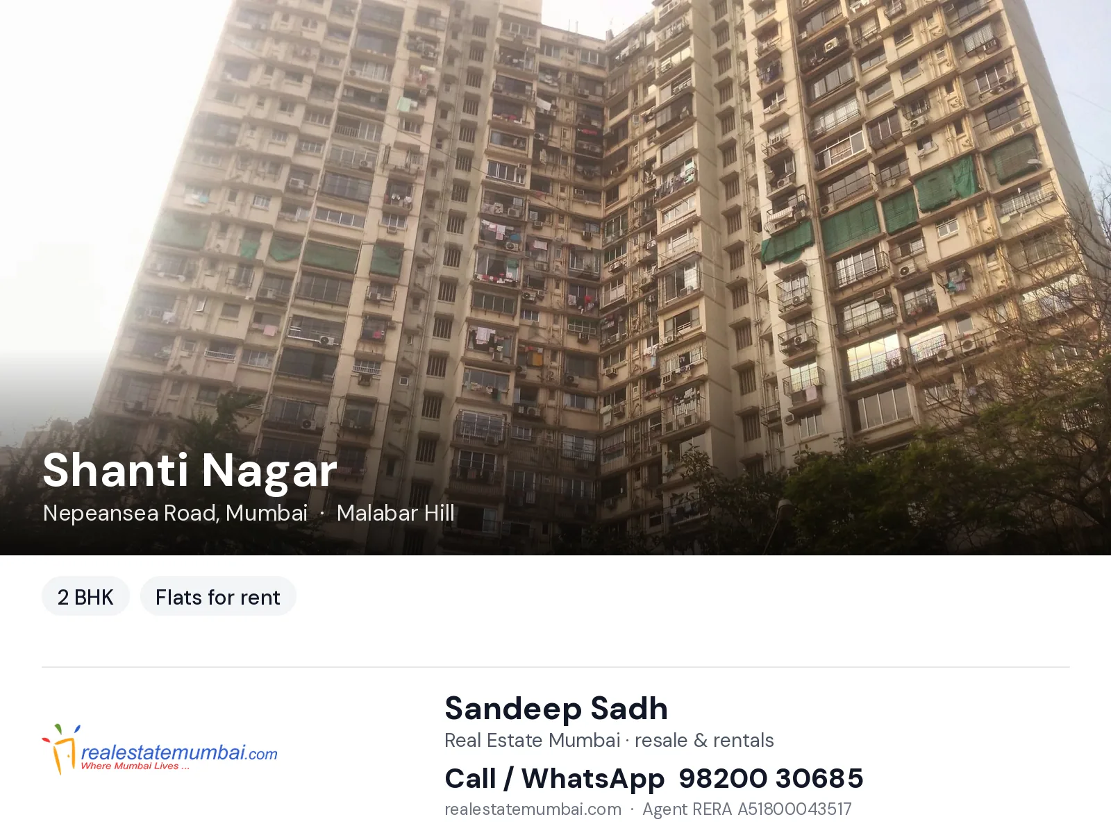 Shanti Nagar, Nepeansea Road, Mumbai — 2 BHK flats for rent | Real Estate Mumbai, Sandeep Sadh 98200 30685