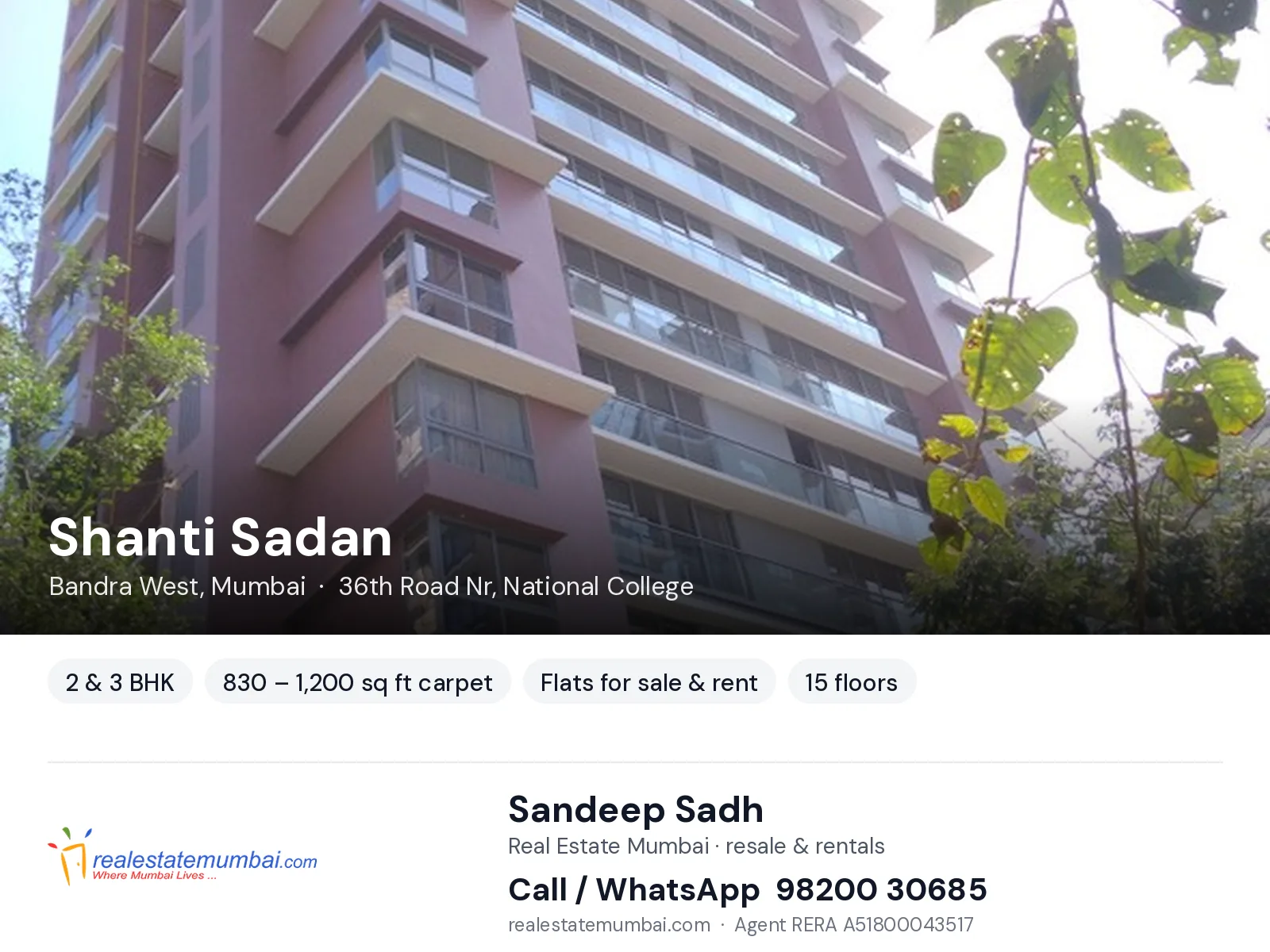 Shanti Sadan, Bandra West, Mumbai — 2 & 3 BHK flats for sale & rent | Real Estate Mumbai, Sandeep Sadh 98200 30685