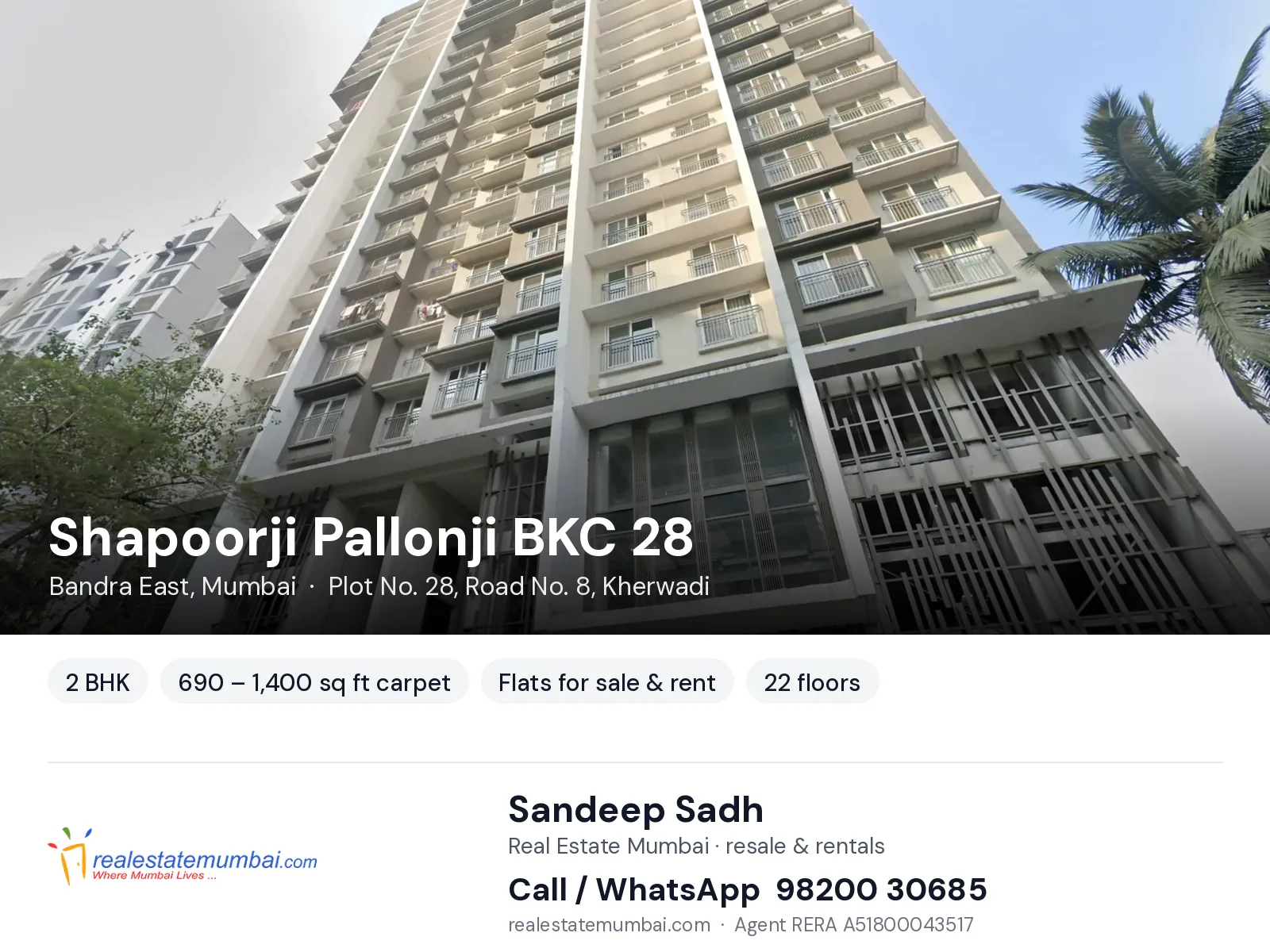 Shapoorji Pallonji BKC 28, Bandra East, Mumbai — 2 BHK flats for sale & rent | Real Estate Mumbai, Sandeep Sadh 98200 30685