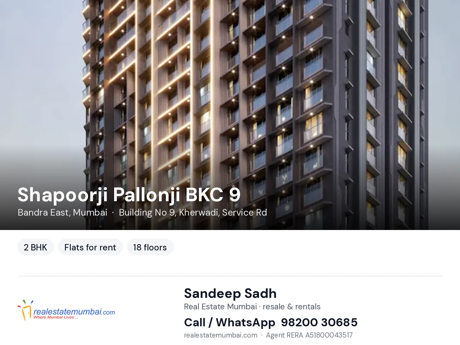 Shapoorji Pallonji BKC 9, Bandra East, Mumbai — 2 BHK flats for rent | Real Estate Mumbai, Sandeep Sadh 98200 30685
