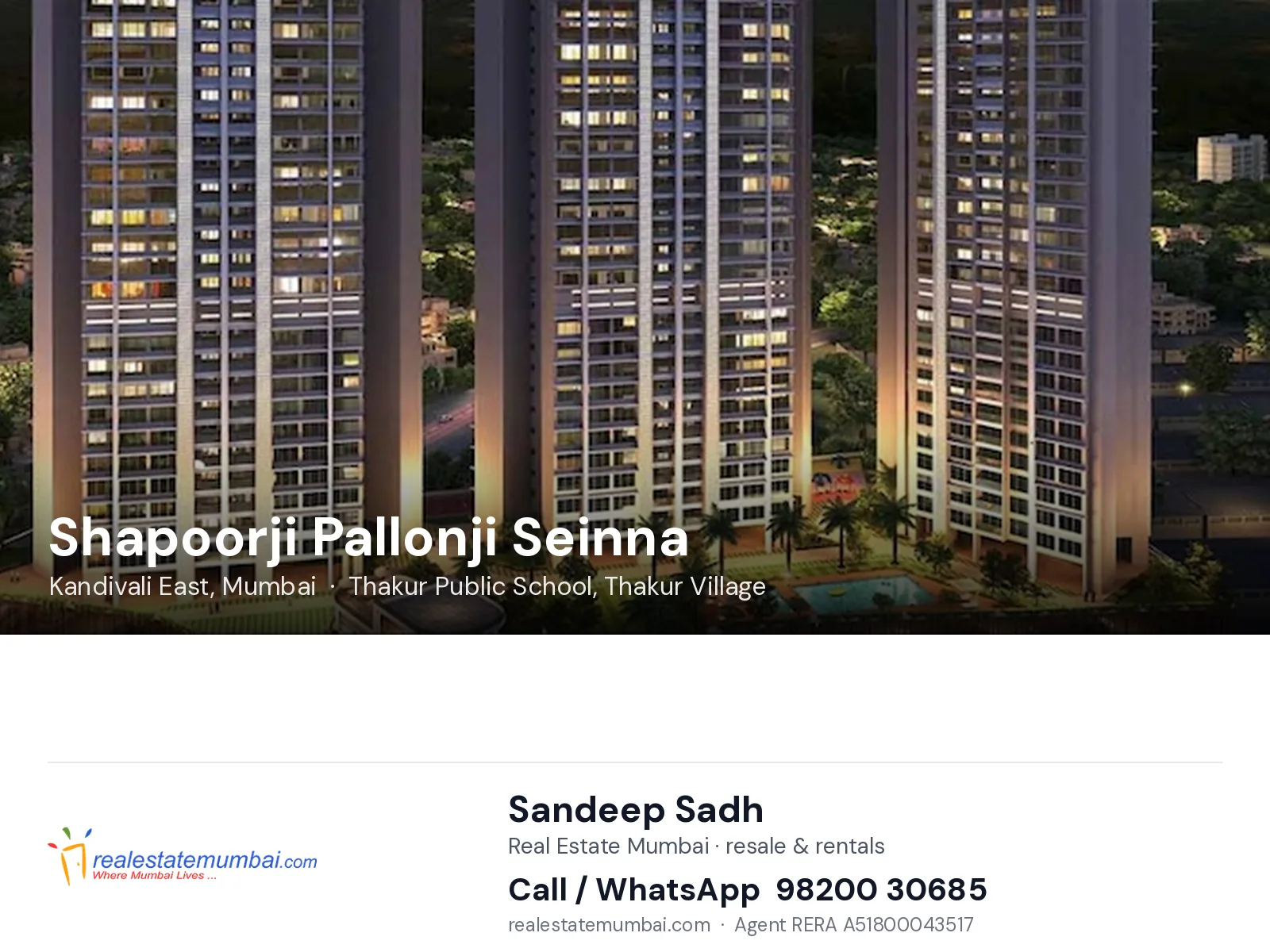 Shapoorji Pallonji Seinna, Kandivali East, Mumbai — flats | Real Estate Mumbai, Sandeep Sadh 98200 30685