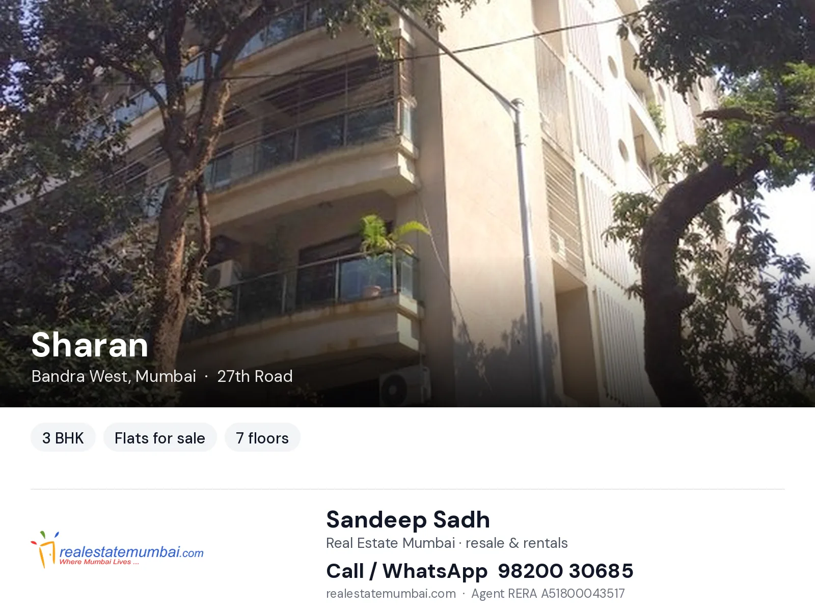 Sharan, Bandra West, Mumbai — 3 BHK flats for sale | Real Estate Mumbai, Sandeep Sadh 98200 30685