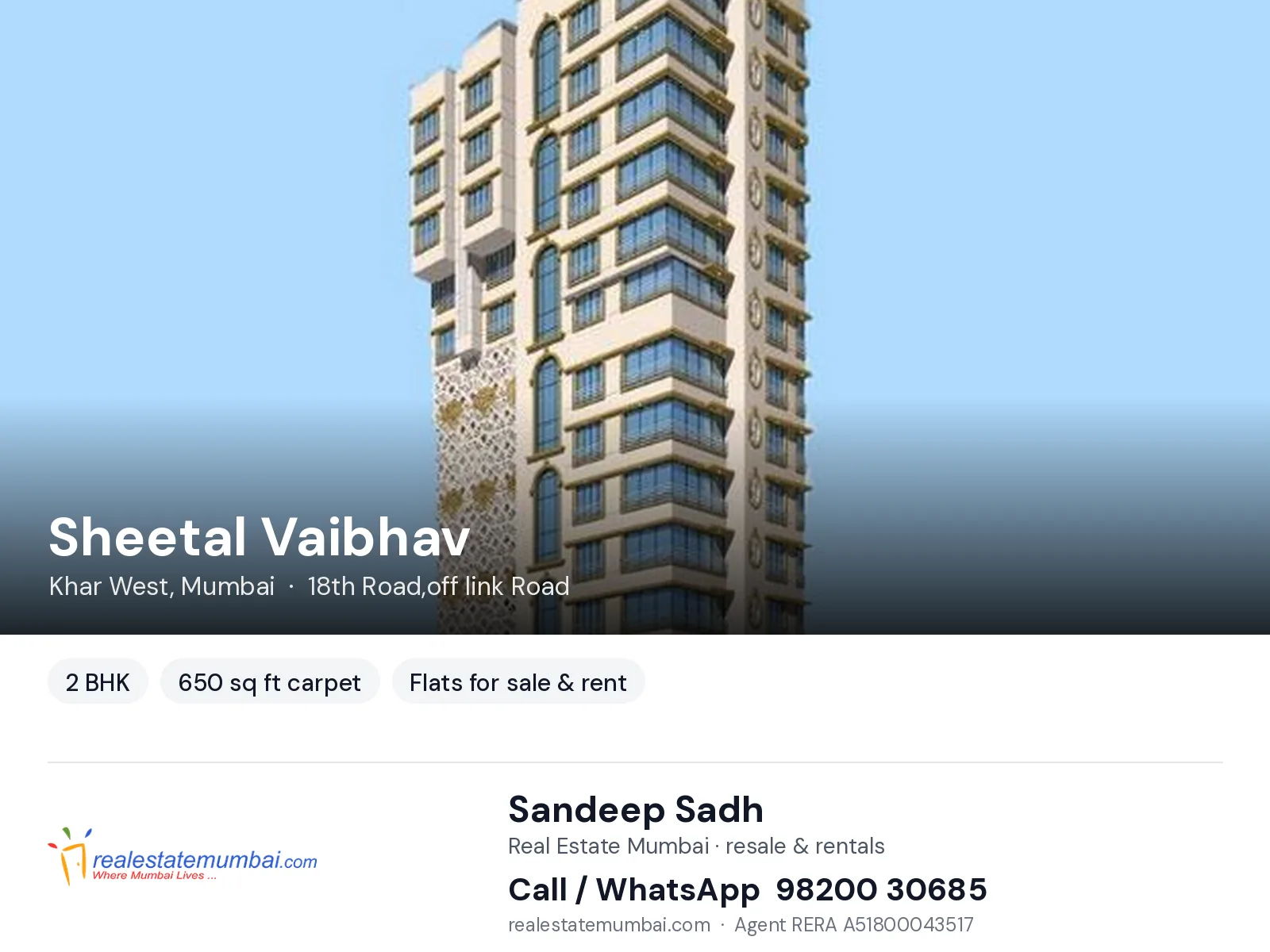 Sheetal Vaibhav, Khar West, Mumbai — 2 BHK flats for sale & rent | Real Estate Mumbai, Sandeep Sadh 98200 30685