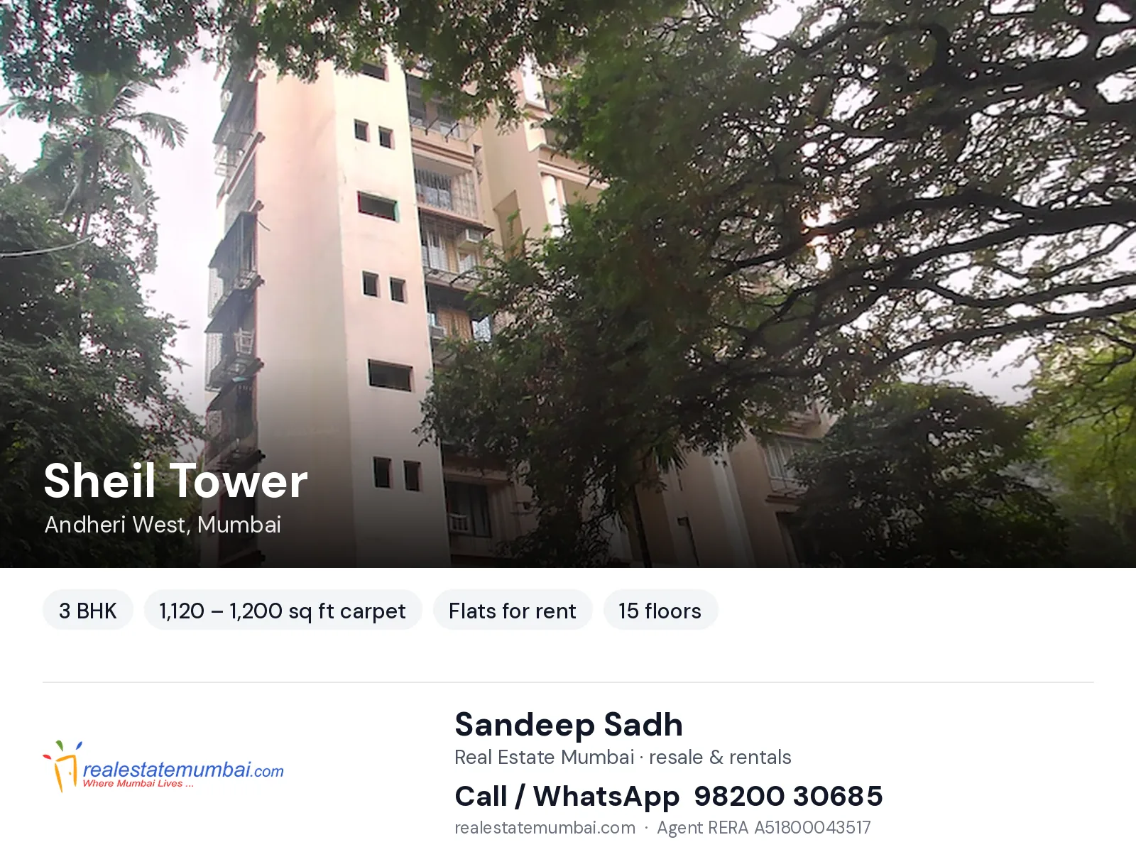 Sheil Tower, Andheri West, Mumbai — 3 BHK flats for rent | Real Estate Mumbai, Sandeep Sadh 98200 30685