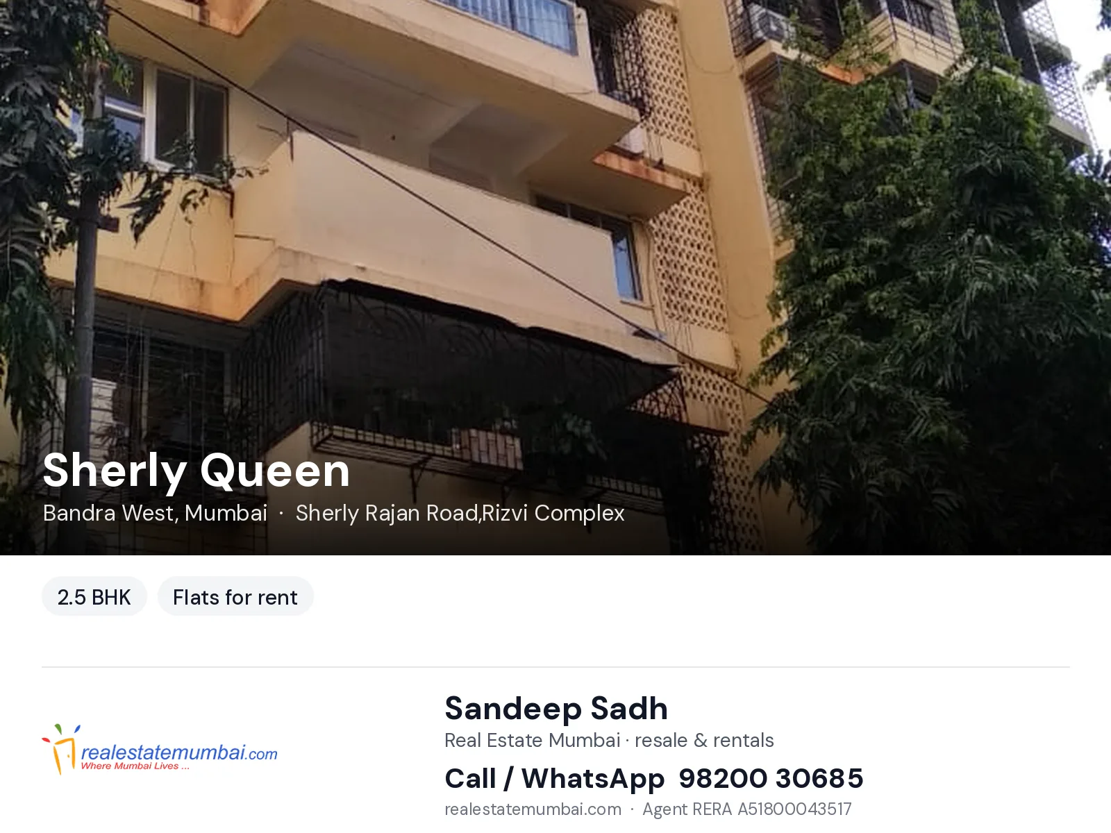 Sherly Queen, Bandra West, Mumbai — 2.5 BHK flats for rent | Real Estate Mumbai, Sandeep Sadh 98200 30685