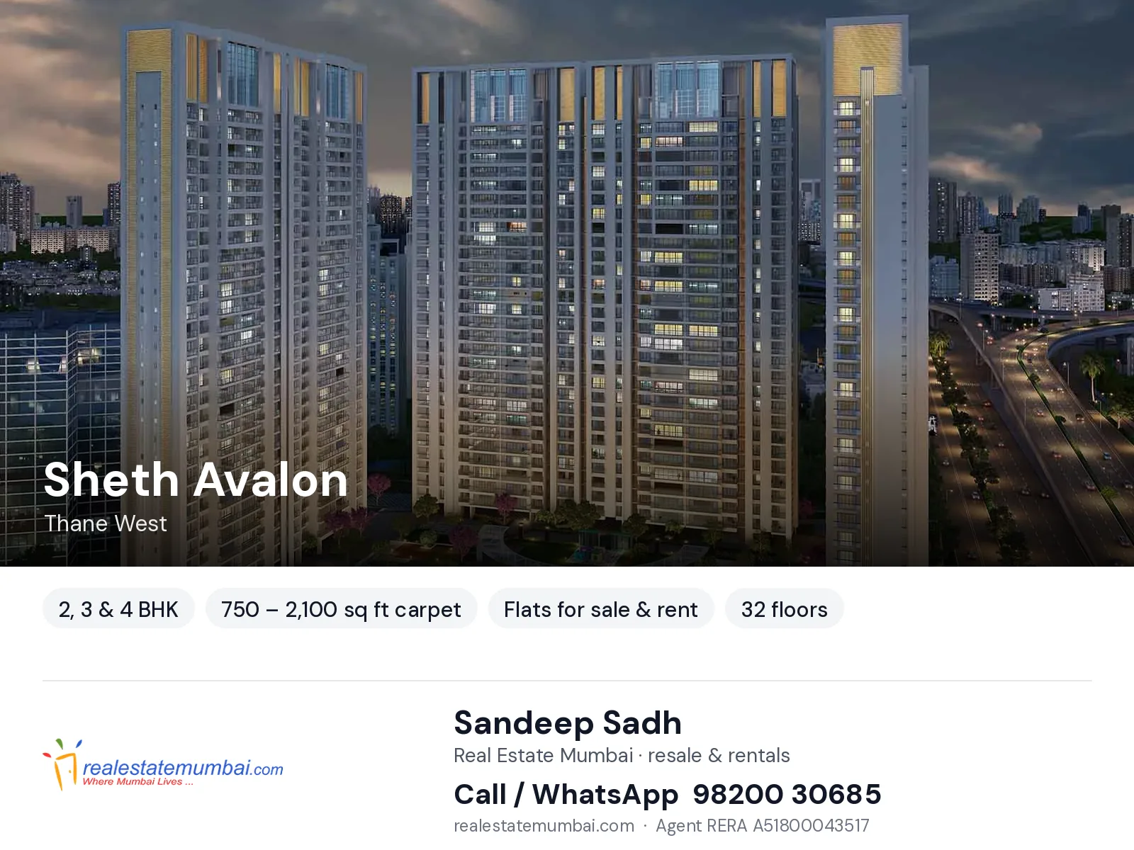 Sheth Avalon, Thane West — 2, 3 & 4 BHK flats for sale & rent | Real Estate Mumbai, Sandeep Sadh 98200 30685