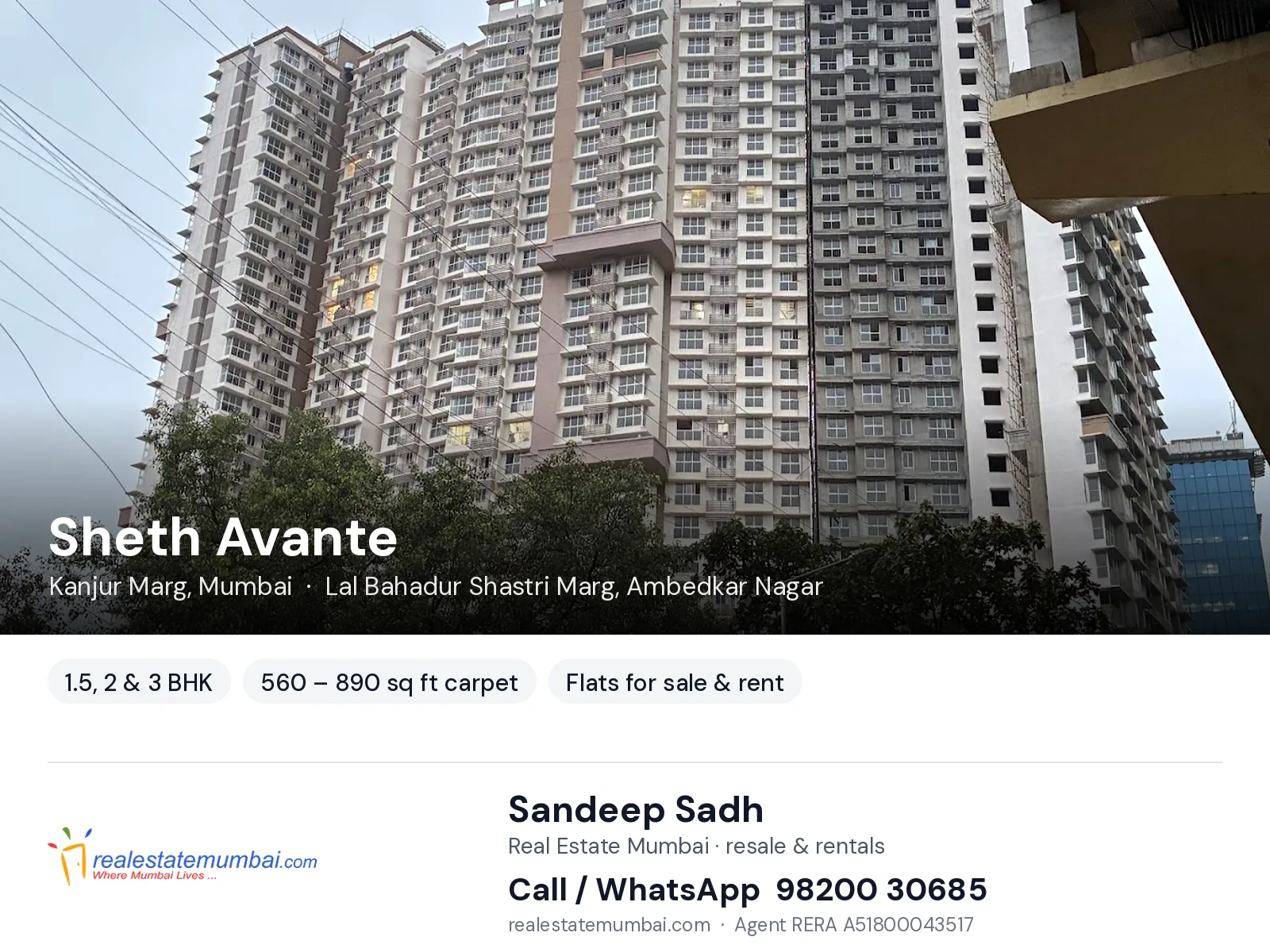 Sheth Avante, Kanjur Marg, Mumbai — 1.5, 2 & 3 BHK flats for sale & rent | Real Estate Mumbai, Sandeep Sadh 98200 30685