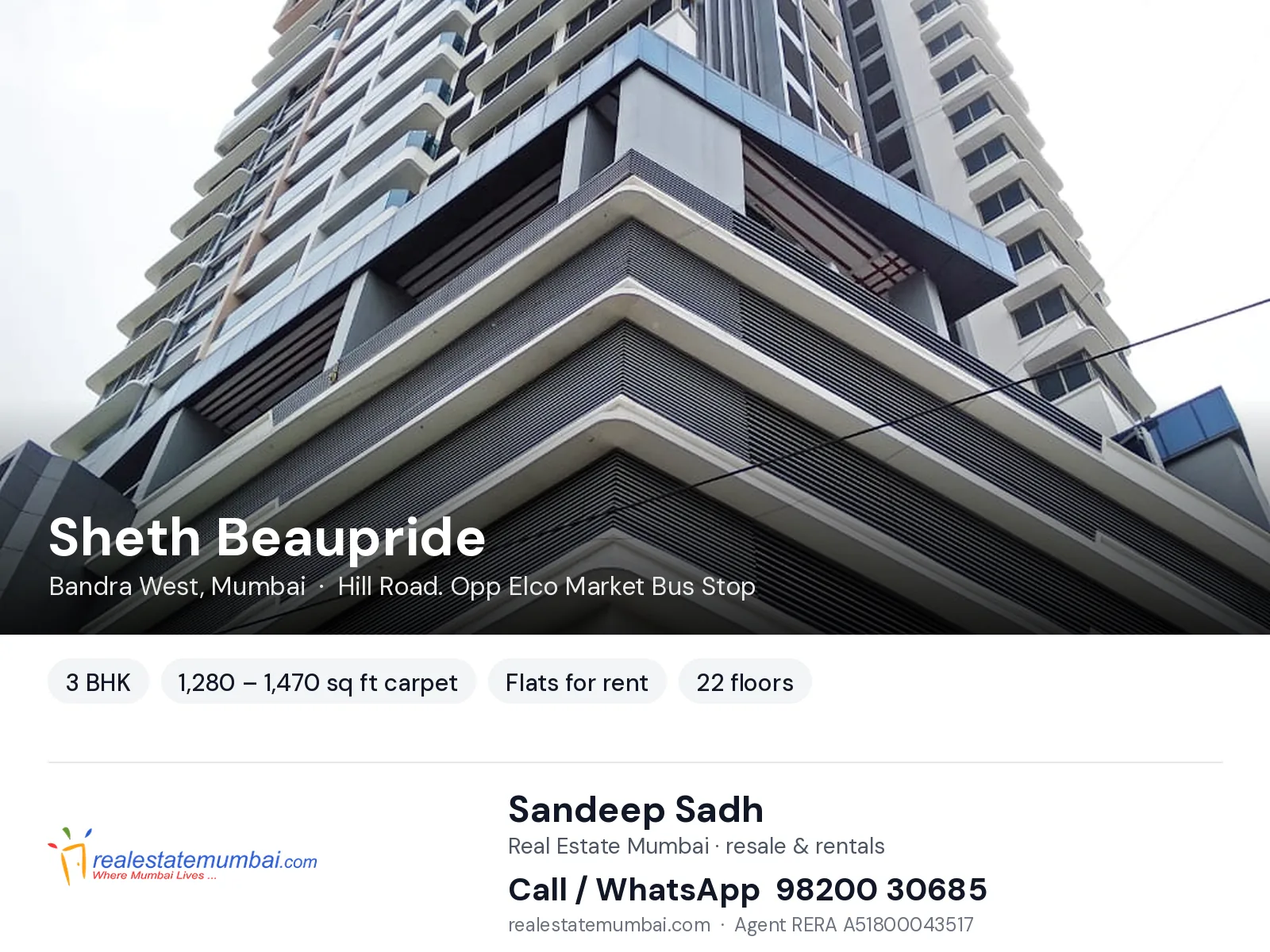 Sheth Beaupride, Bandra West, Mumbai — 3 BHK flats for rent | Real Estate Mumbai, Sandeep Sadh 98200 30685