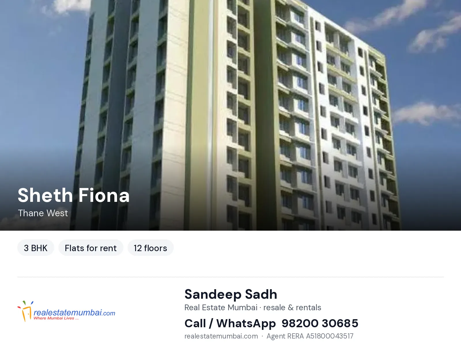 Sheth Fiona, Thane West — 3 BHK flats for rent | Real Estate Mumbai, Sandeep Sadh 98200 30685